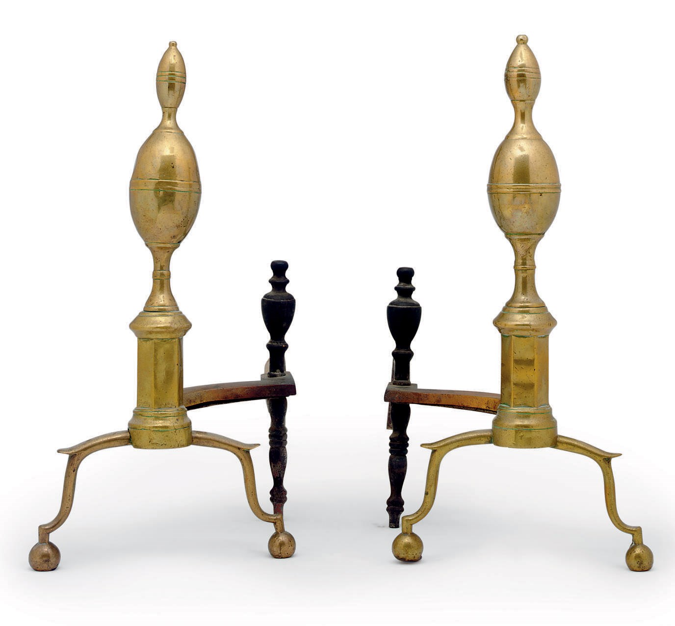 A MATCHED PAIR OF FEDERAL CAST-BRASS DOUBLE LEMON TOP ANDIRONS