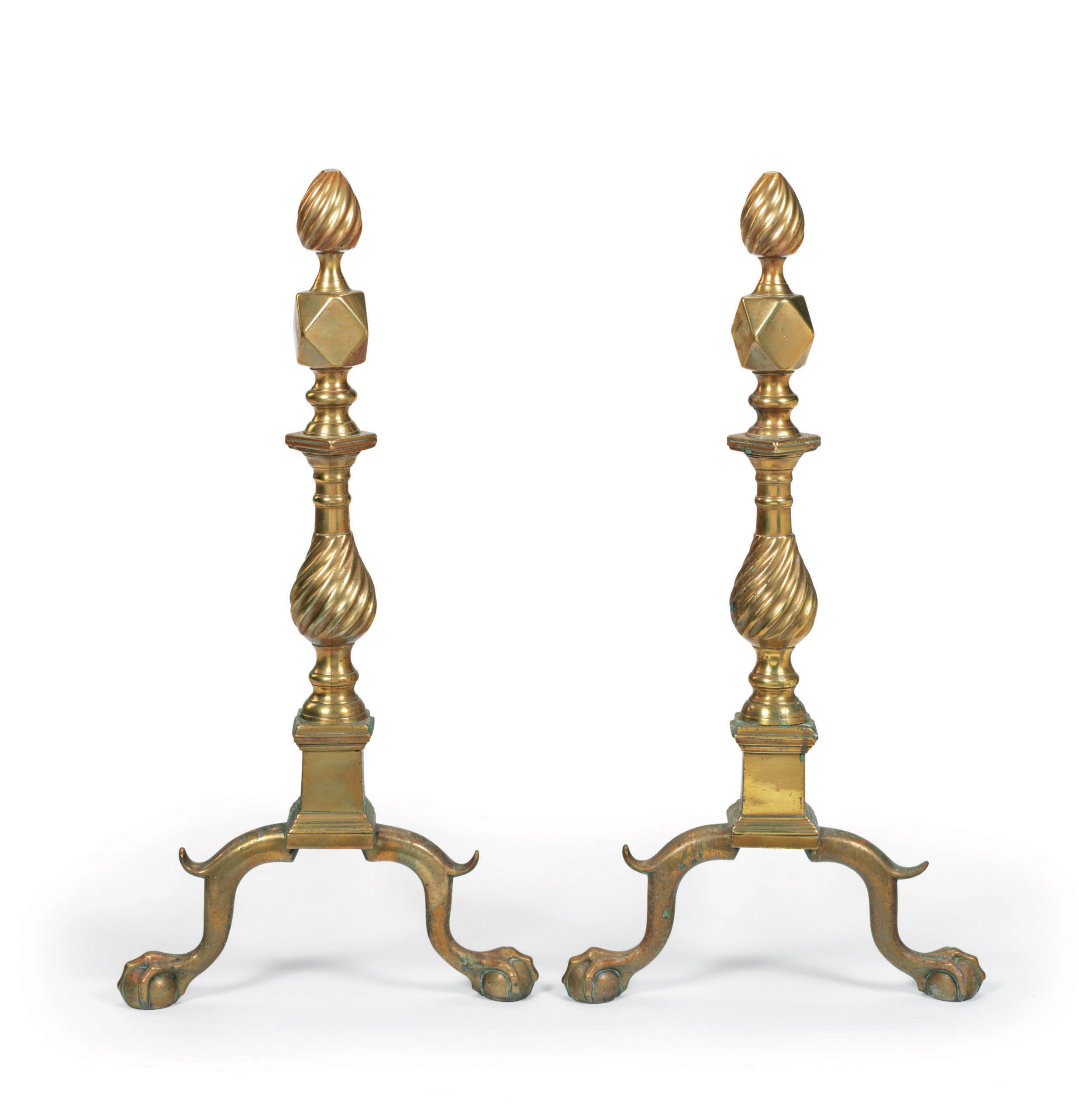 A PAIR OF CHIPPENDALE CAST-BRASS ANDIRONS