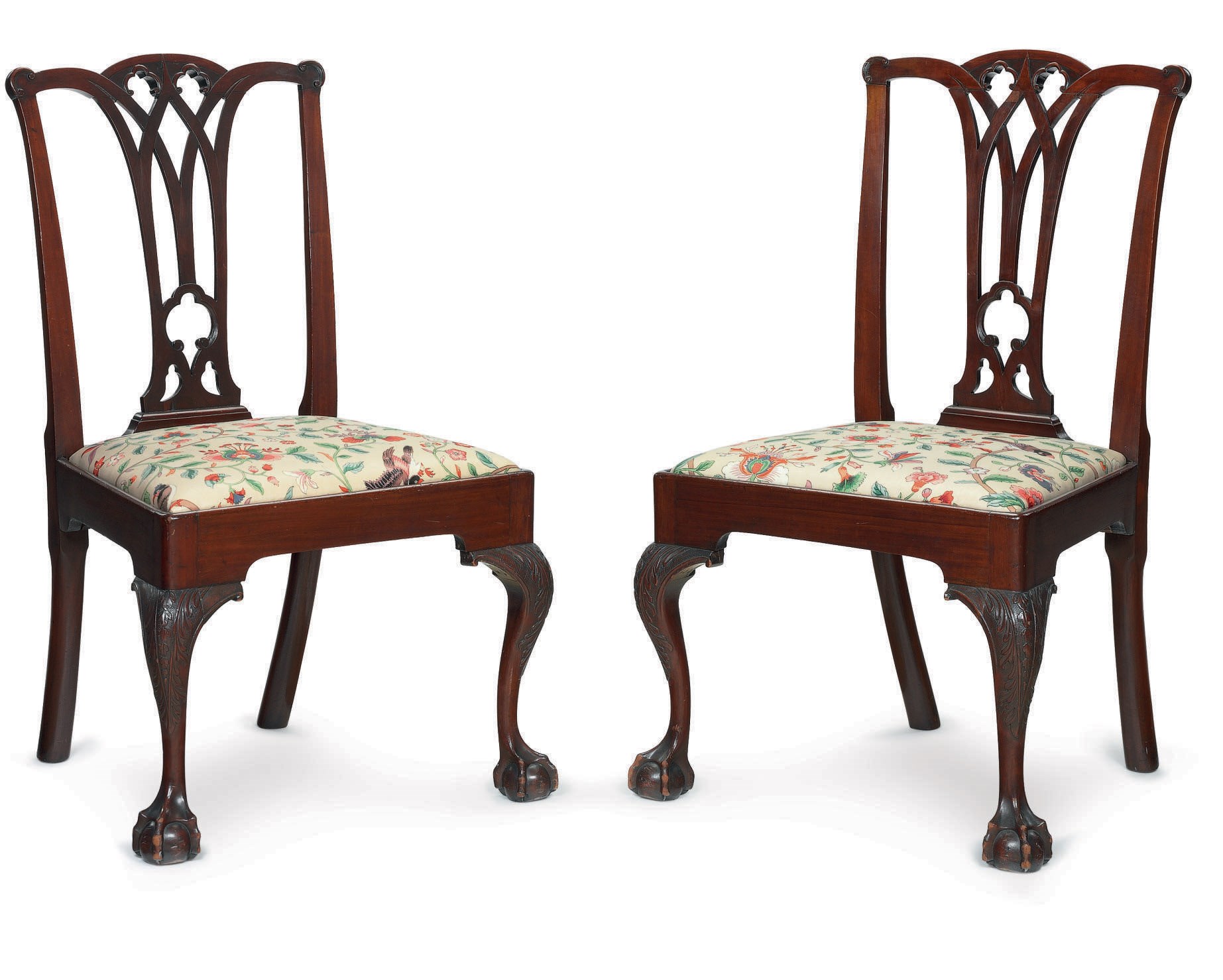 A PAIR OF CHIPPENDALE CARVED MAHOGANY SIDE CHAIRS