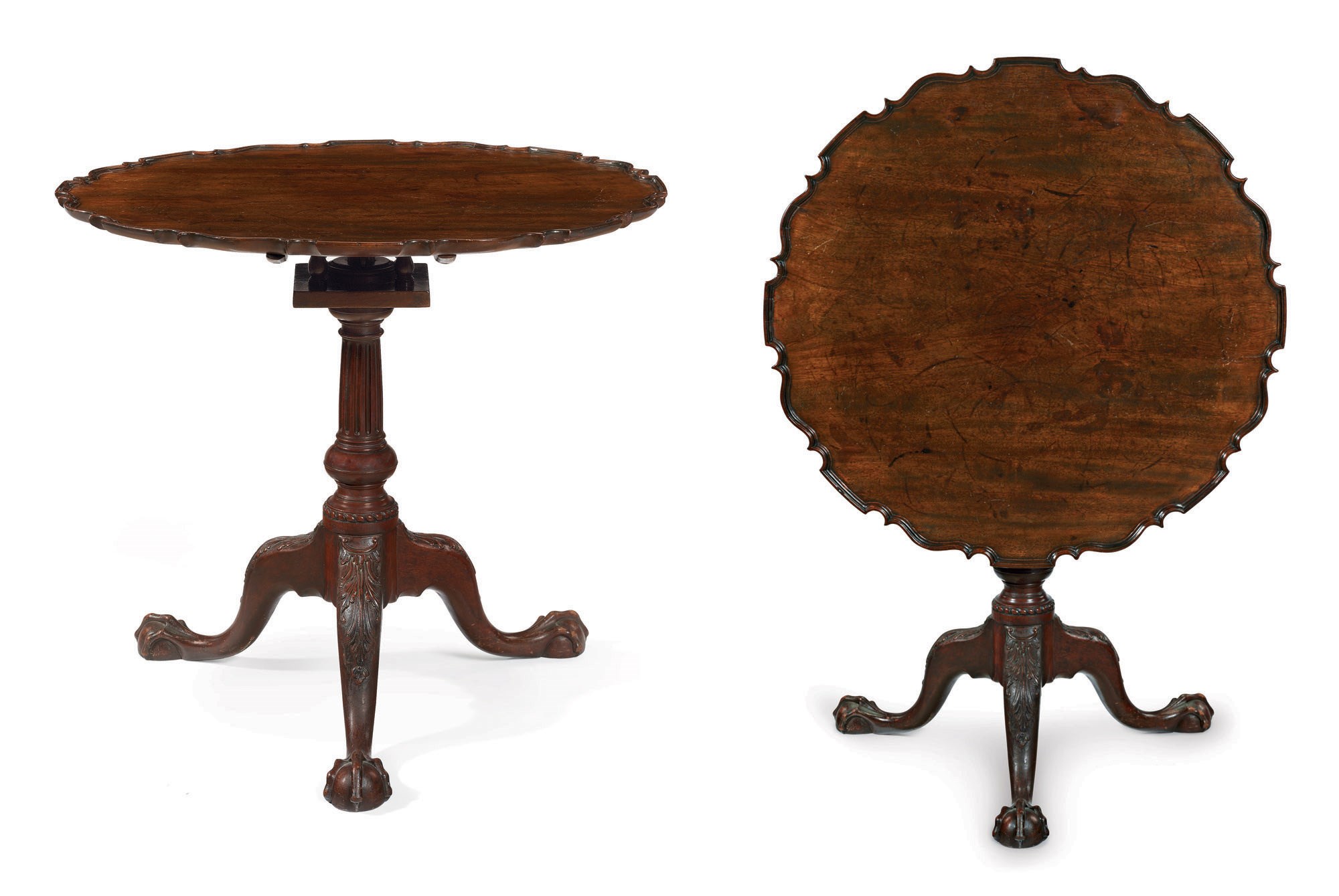 A CHIPPENDALE CARVED AND FIGURED MAHOGANY SCALLOPED-TOP TEA TABLE