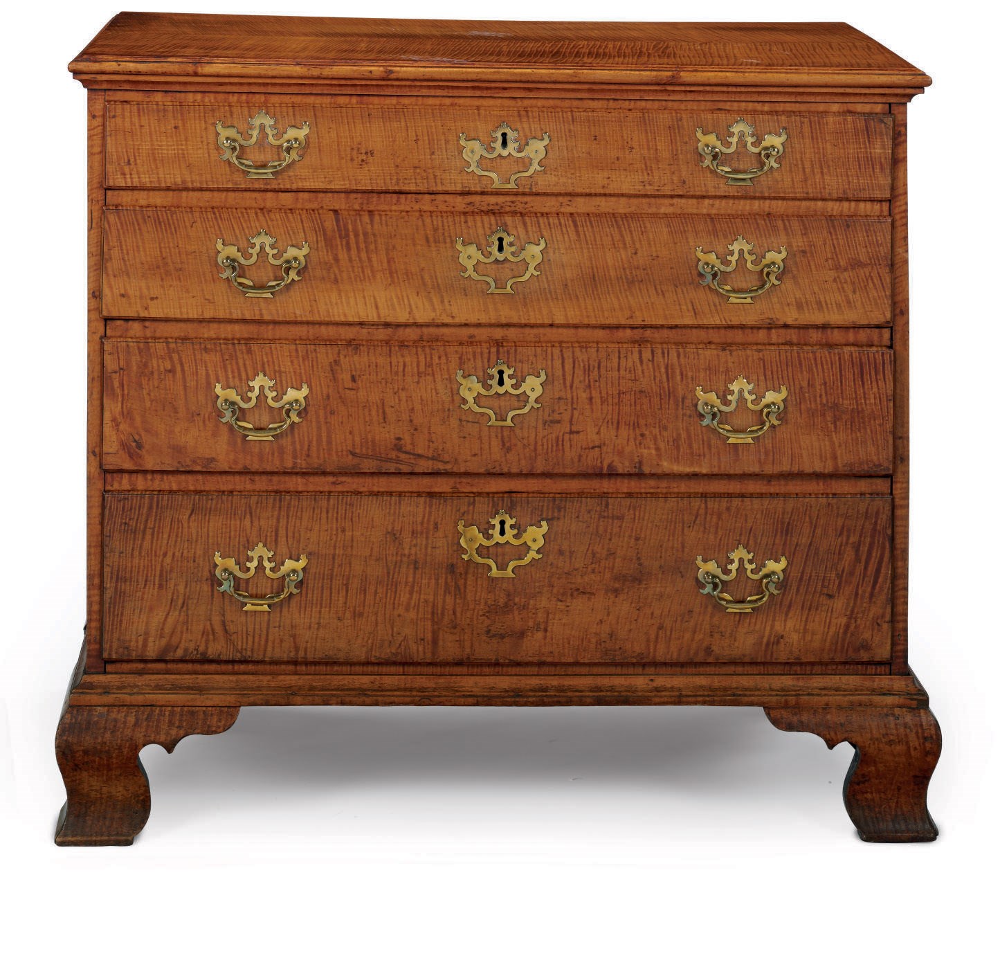 A CHIPPENDALE FIGURED MAPLE CHEST-OF-DRAWERS