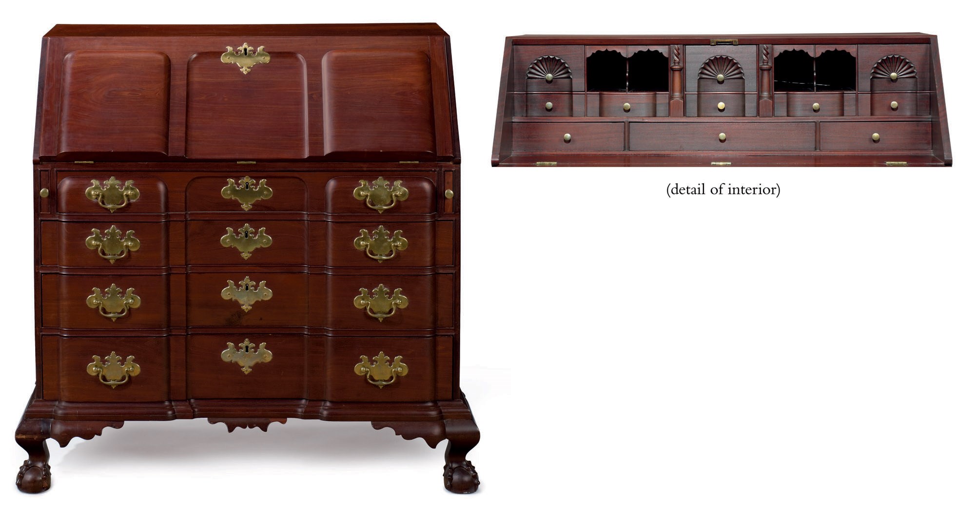 A CHIPPENDALE MAHOGANY BLOCK-FRONT SLANT-FRONT DESK