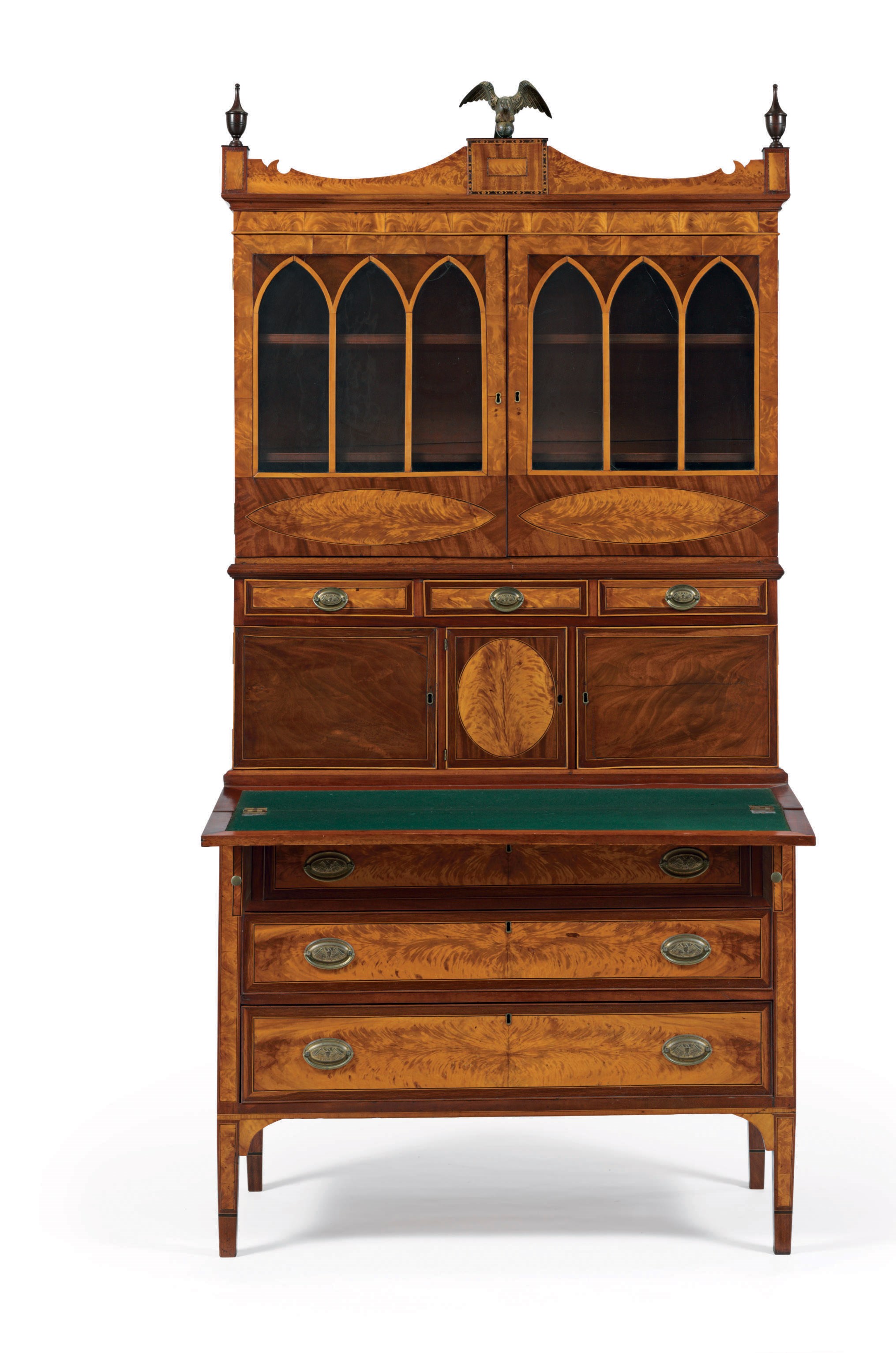 A FEDERAL MAHOGANY AND FLAME BIRCH VENEERED DESK-AND-BOOKCASE