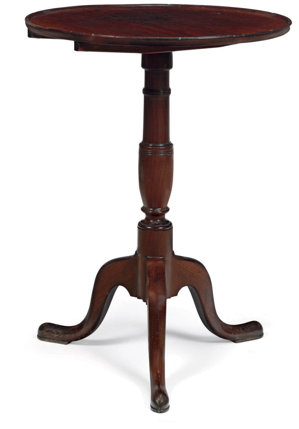 A FEDERAL TURNED MAHOGANY DISH-TOP TILT-TOP CANDLESTAND
