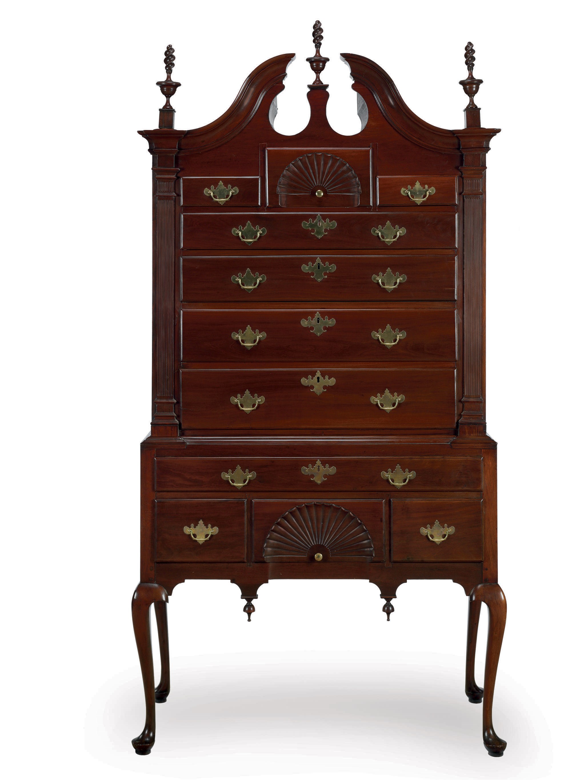 A QUEEN ANNE CARVED AND FIGURED MAHOGANY HIGH CHEST-OF-DRAWERS