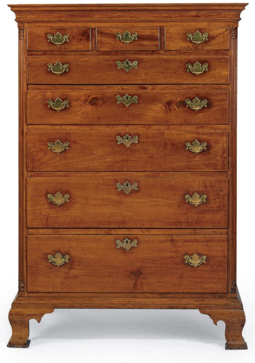 A CHIPPENDALE FIGURED WALNUT TALL CHEST-OF-DRAWERS