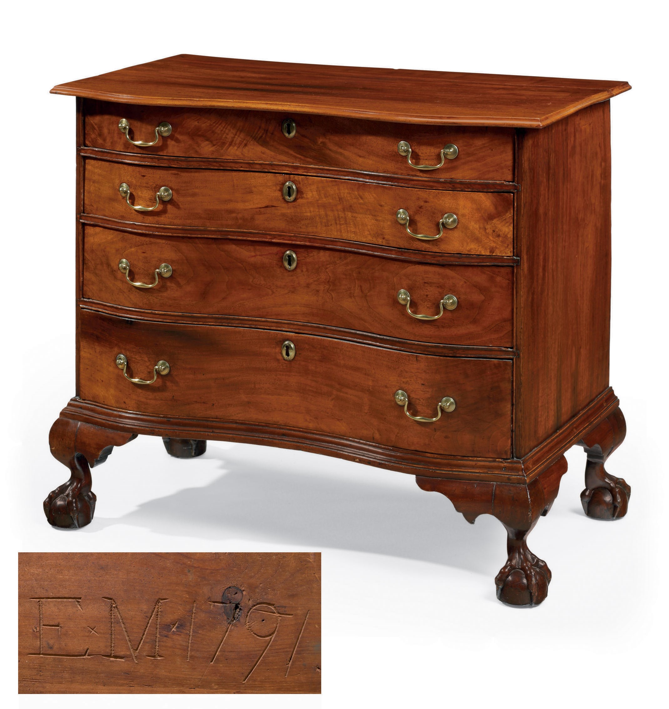 A CHIPPENDALE CARVED AND FIGURED WALNUT REVERSE-SERPENTINE CHEST-OF-DRAWERS