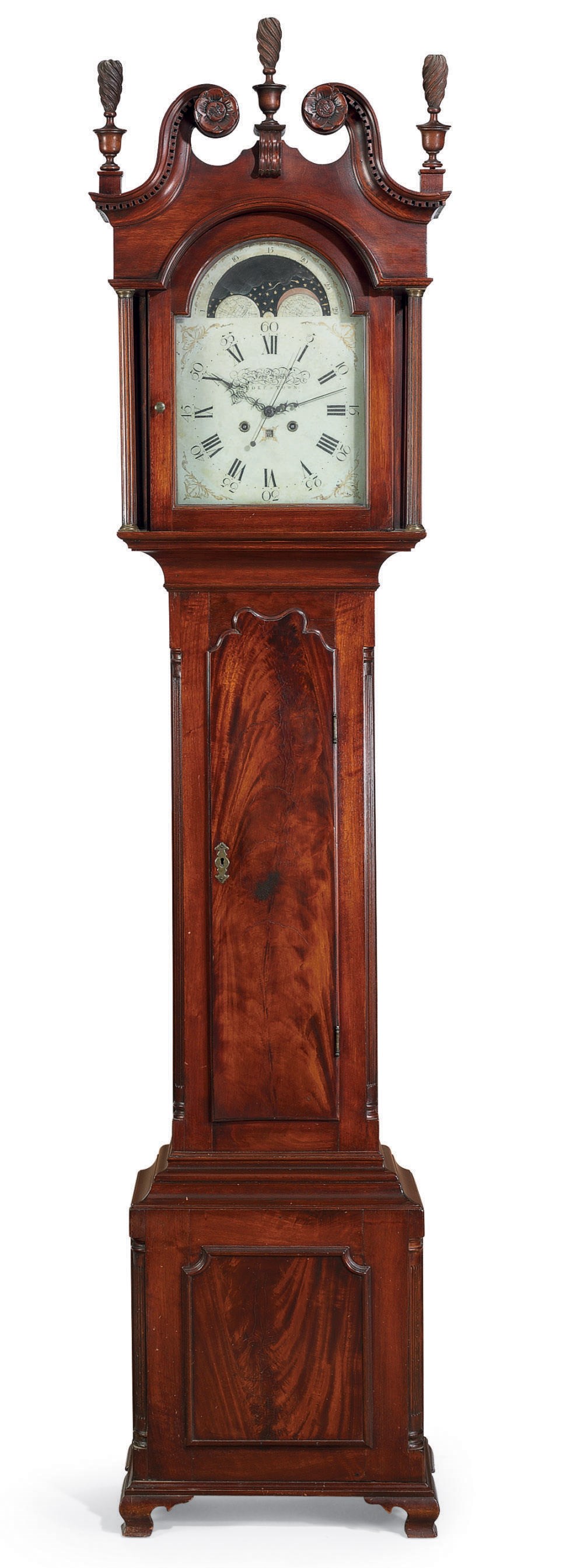 A CHIPPENDALE CARVED AND FIGURED WALNUT TALL-CASE CLOCK