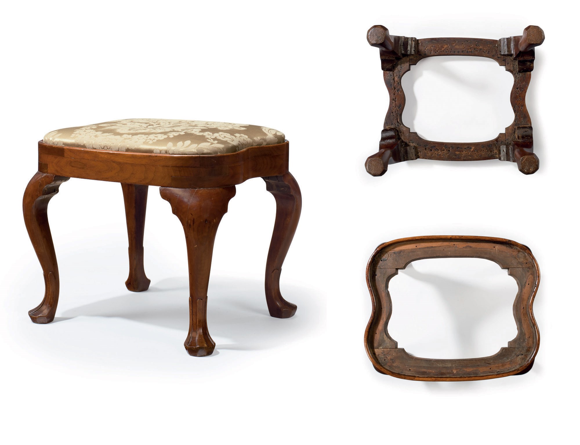 A QUEEN ANNE CARVED WALNUT COMPASS-SEAT STOOL
