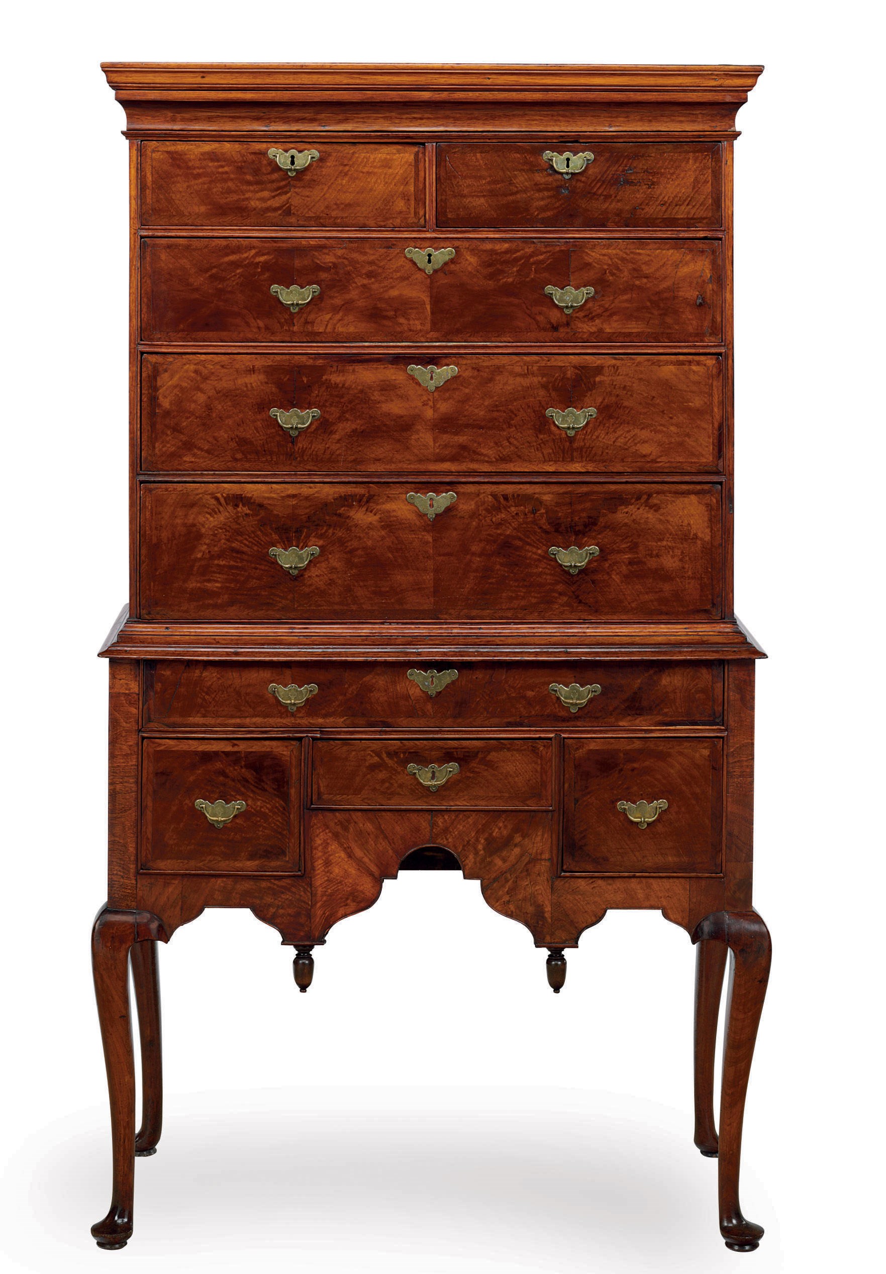 A QUEEN ANNE WALNUT VENEERED FLAT-TOP HIGH CHEST-OF-DRAWERS