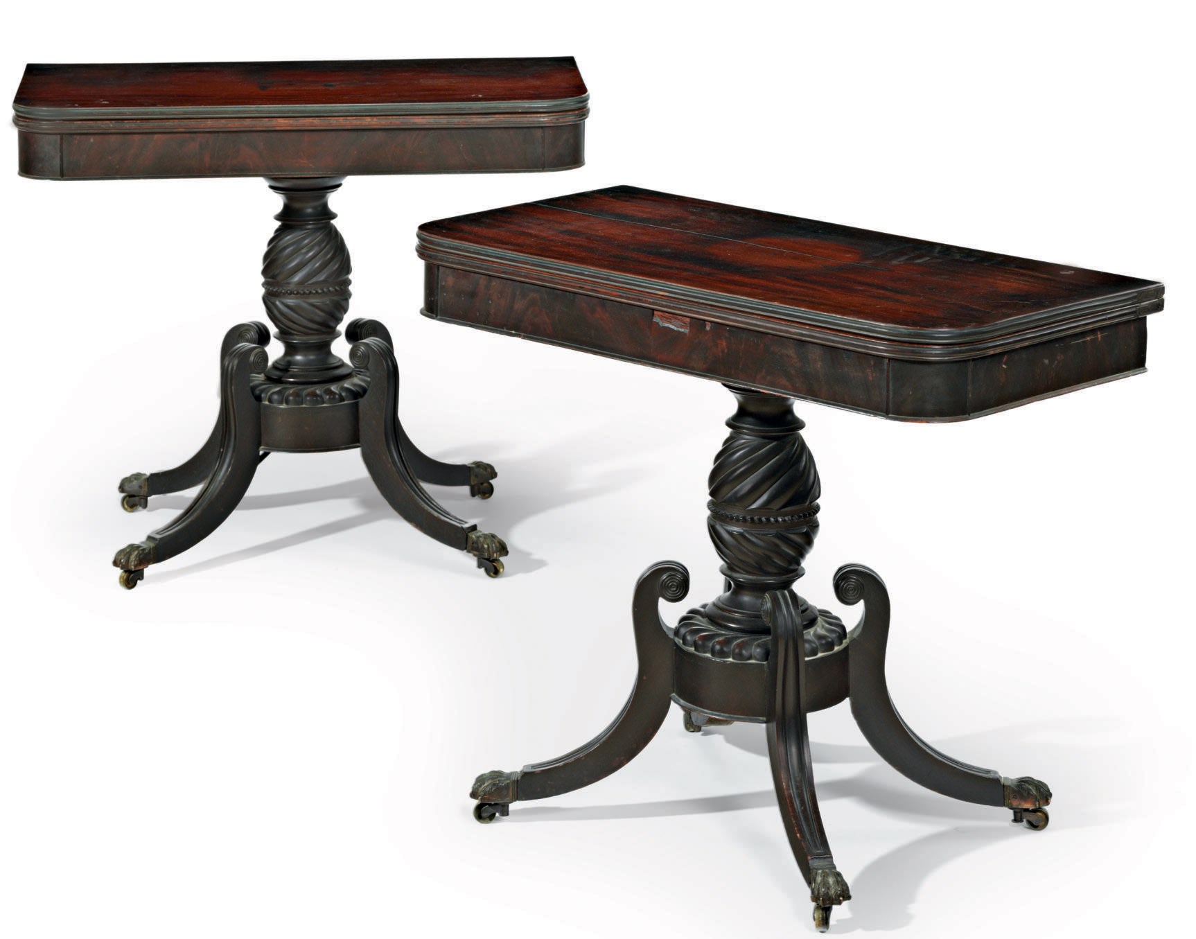 A PAIR OF CLASSICAL CARVED MAHOGANY SWIVEL-TOP CARD TABLES