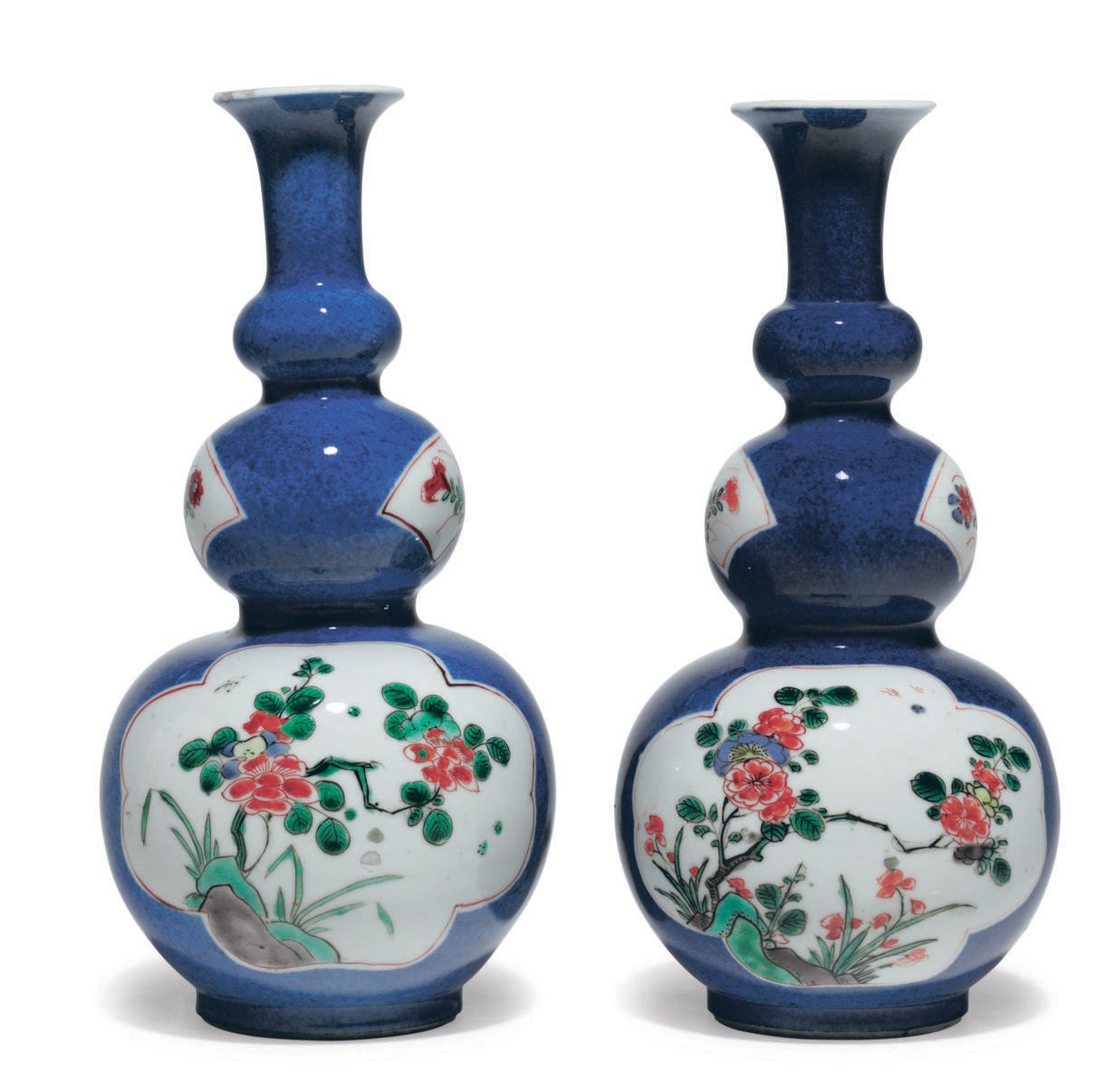 A PAIR OF BLUE-GROUND FAMILLE VERTE TRIPLE-GOURD VASES