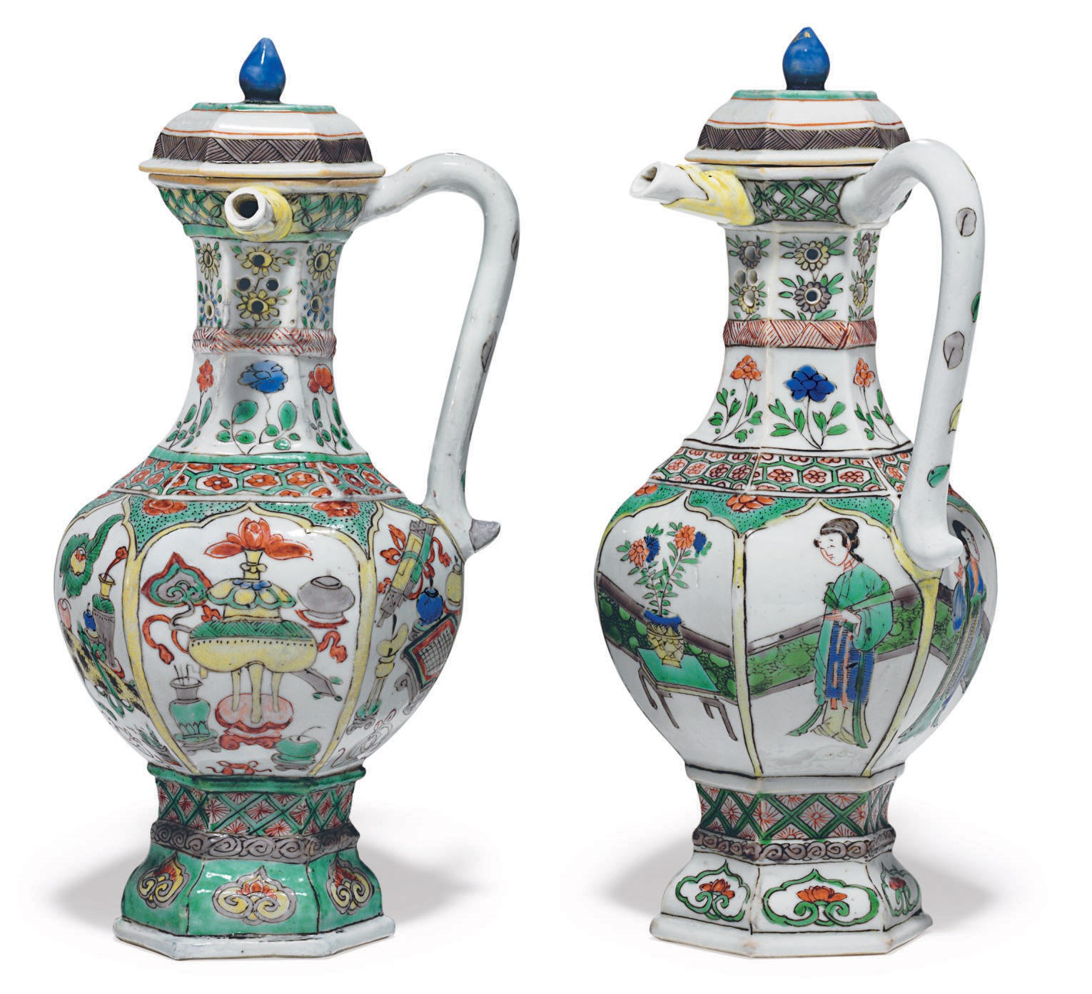 TWO FAMILLE VERTE PUZZLE JUGS AND COVERS