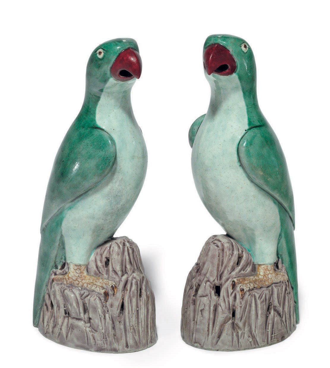 A PAIR OF GREEN-GLAZED PARROTS
