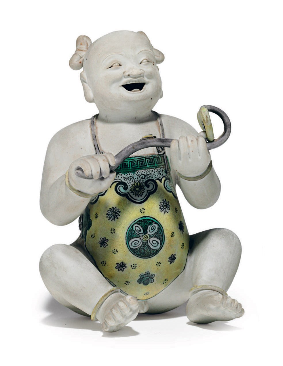 A BISCUIT-GLAZED FAMILLE VERTE LAUGHING BOY