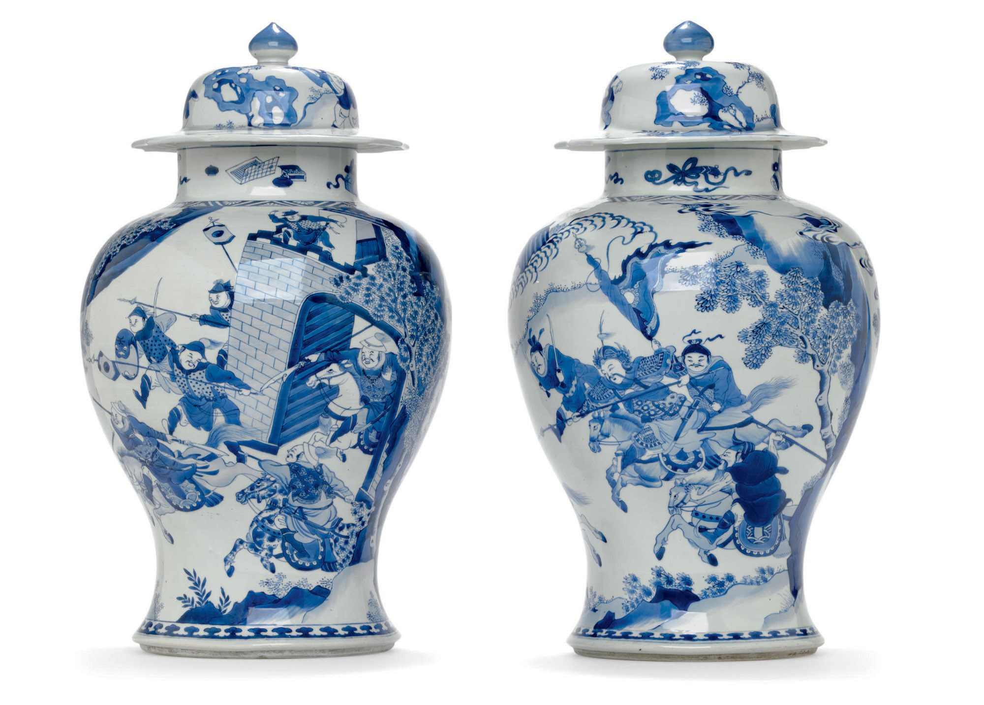 A VERY LARGE PAIR OF BLUE AND WHITE BALUSTER JARS AND COVERS