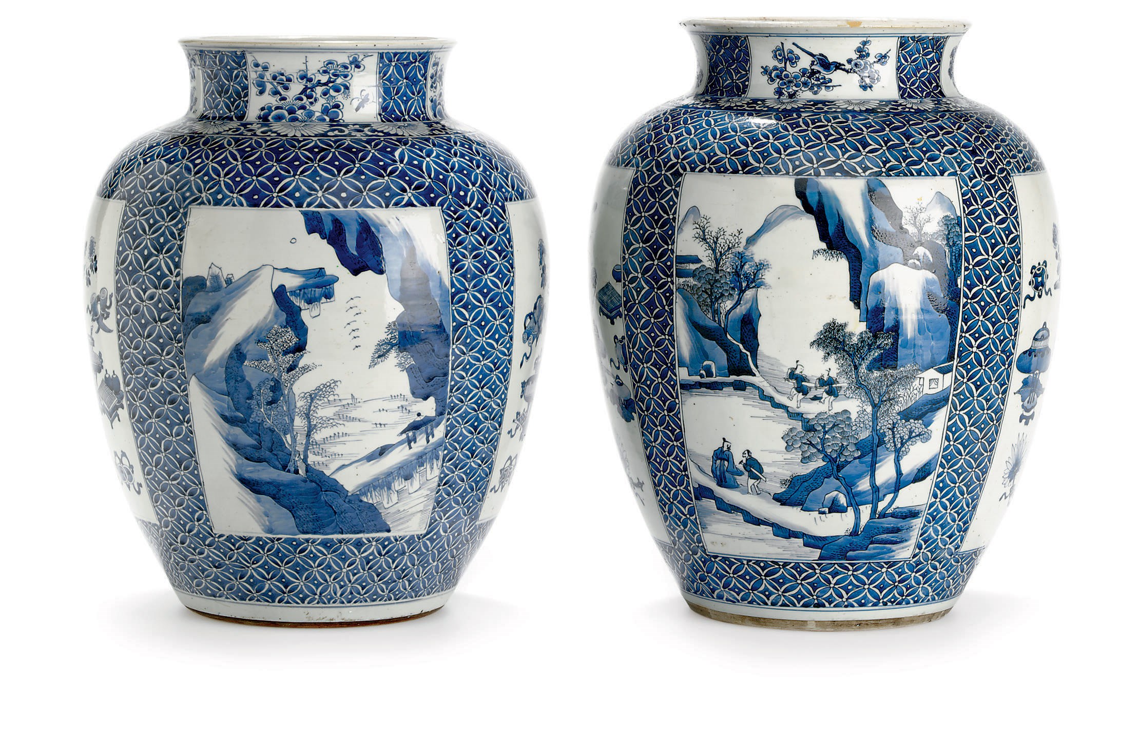 A LARGE PAIR OF BLUE AND WHITE JARS