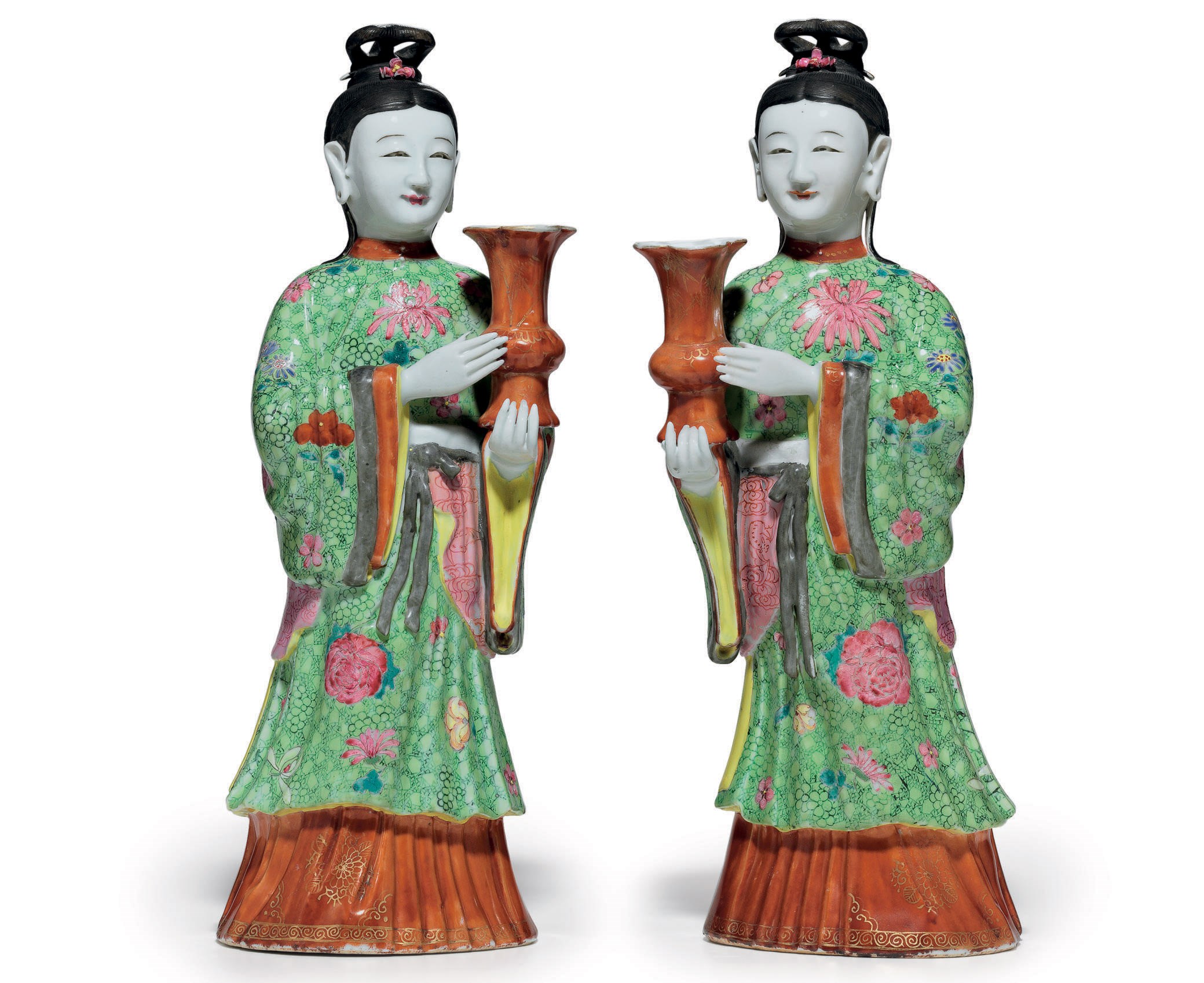 A LARGE PAIR OF FAMILLE ROSE COURT LADY CANDLEHOLDERS
