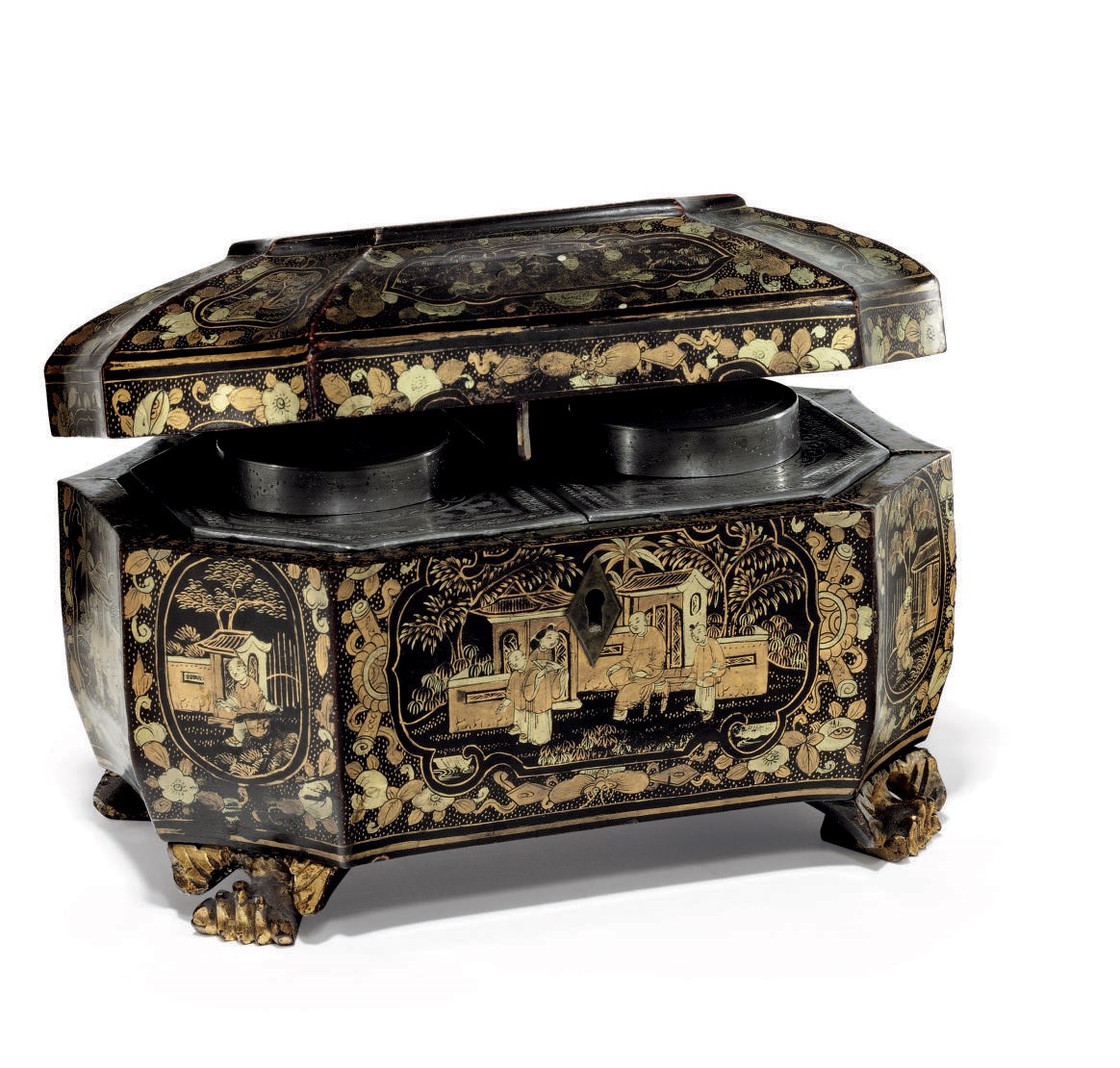 A BLACK AND GILT LACQUER TEA CADDY BOX