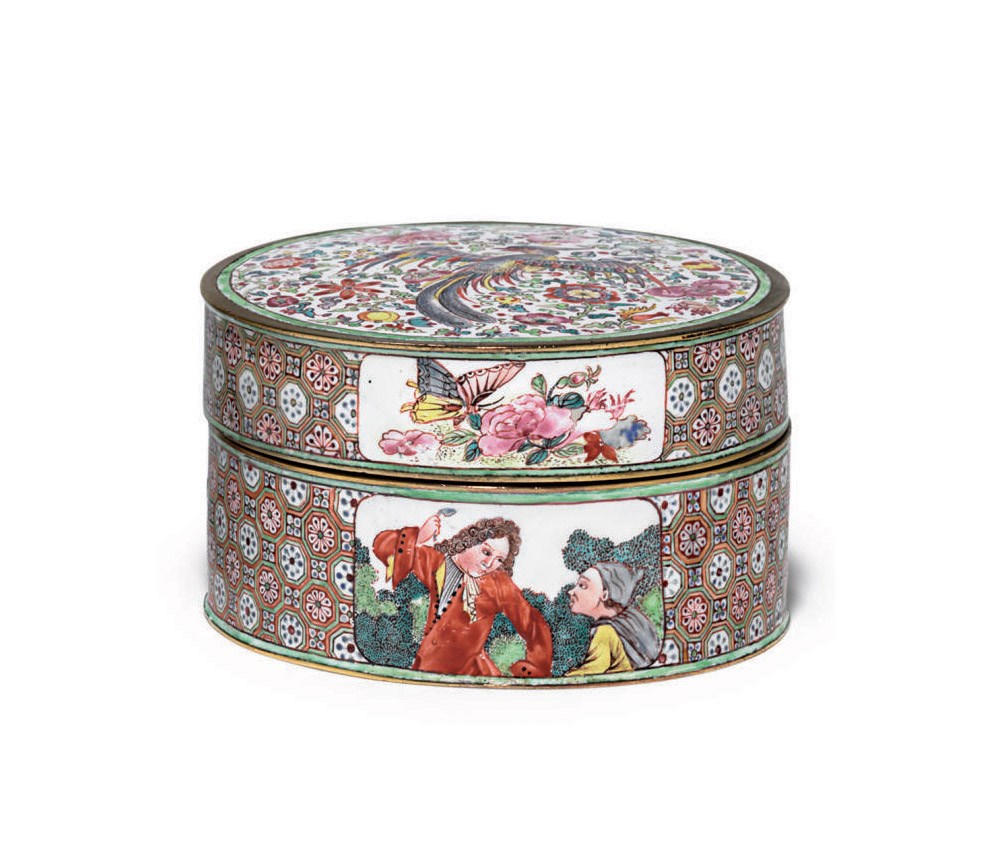 A "CANTON ENAMEL" EUROPEAN SUBJECT BOX AND COVER