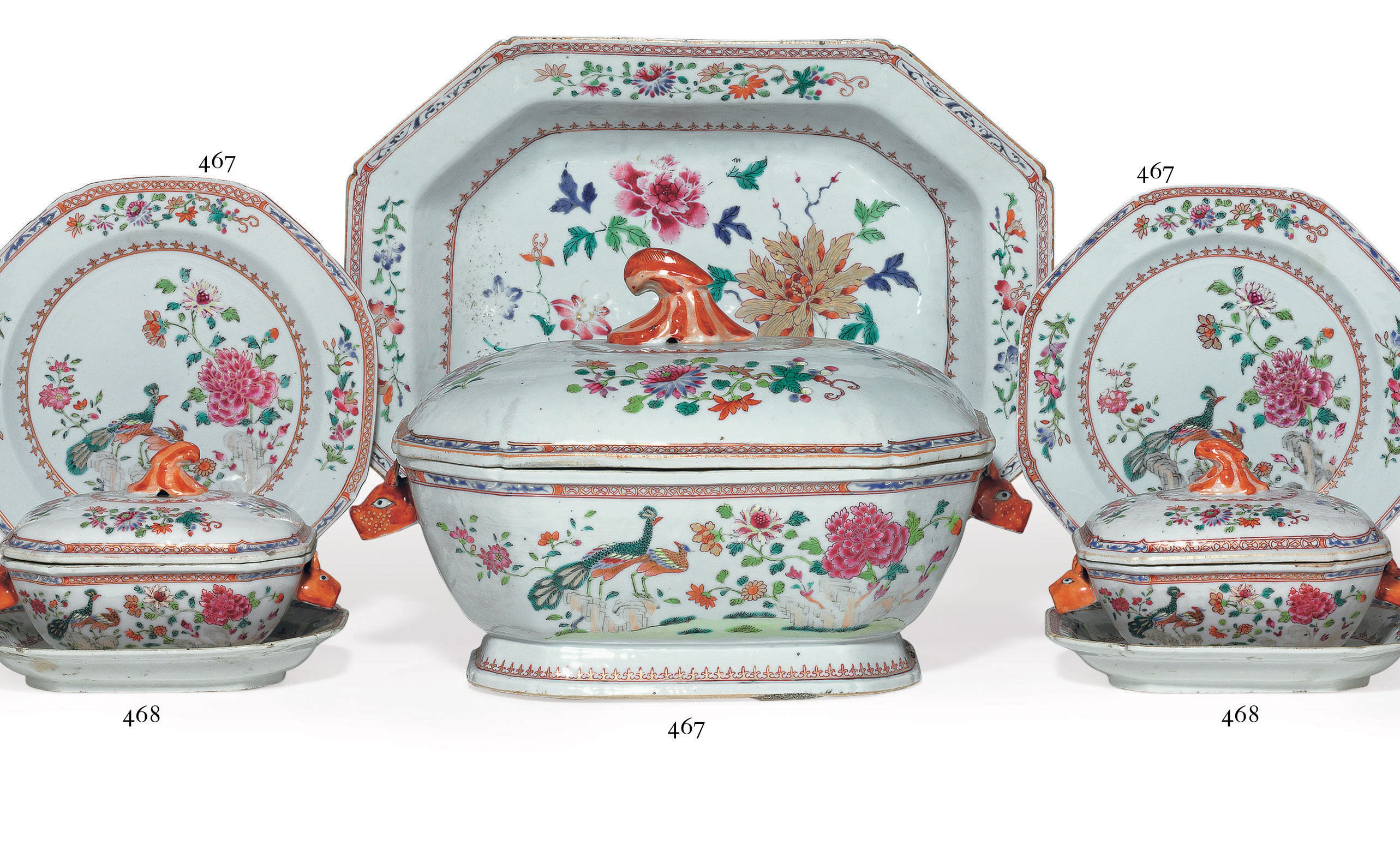 A PAIR OF "DOUBLE PEACOCK" SAUCE TUREENS, COVERS AND STANDS