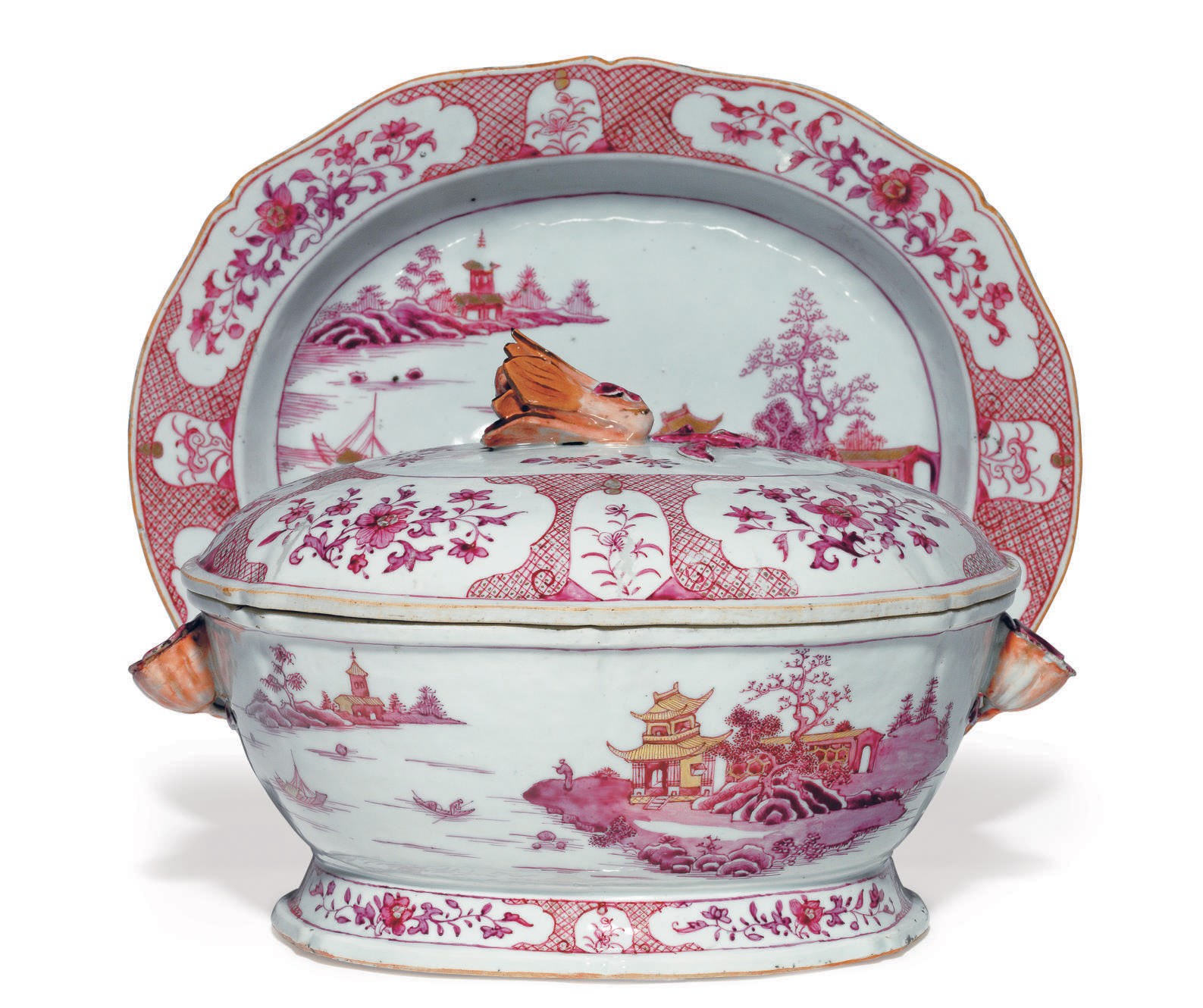 A PUCE ENAMEL TUREEN, COVER AND STAND