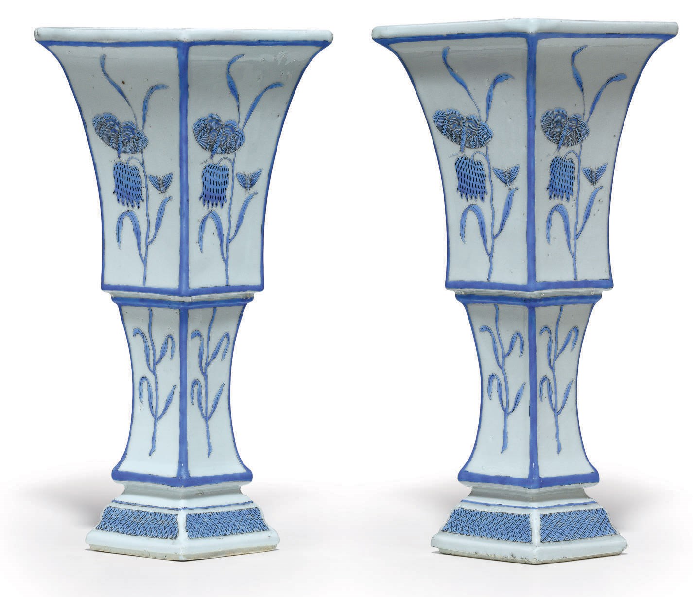 A PAIR OF BLUE ENAMEL VASES