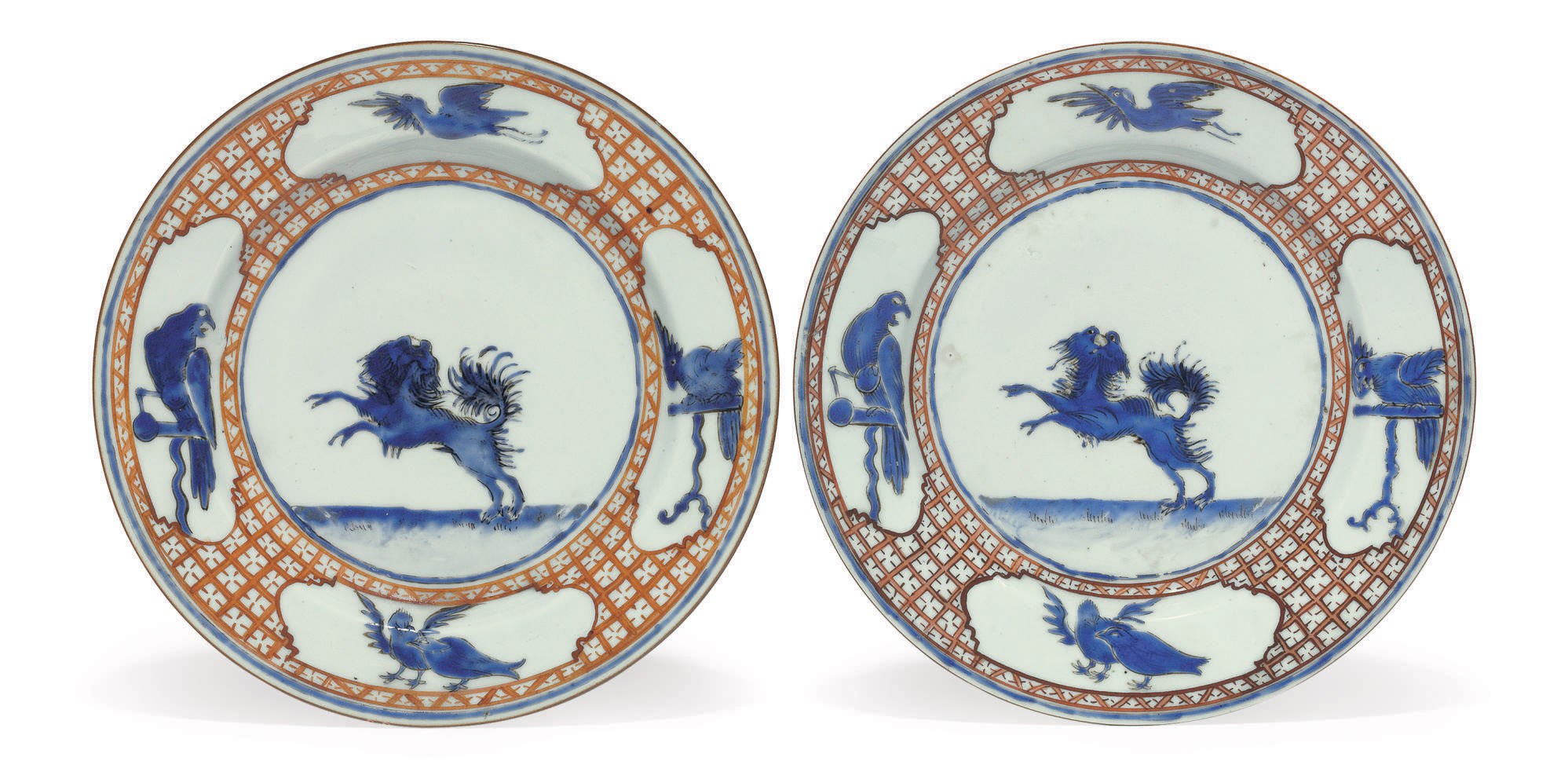A PAIR OF "LEAPING PEKINESE" PLATES