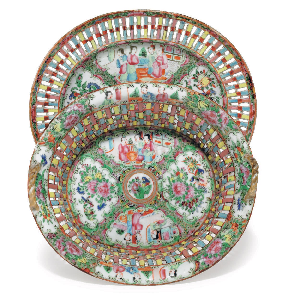 A "CANTON FAMILLE ROSE" BASKET AND STAND