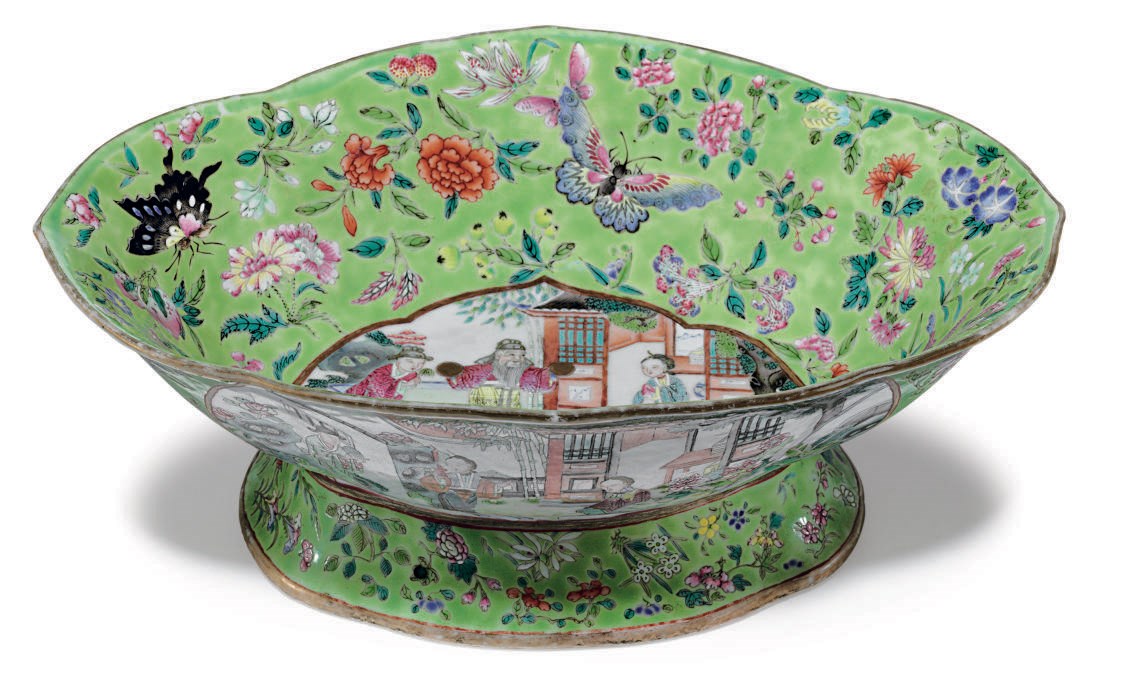 A "CANTON FAMILLE ROSE" LIME-GREEN GROUND CENTERPIECE