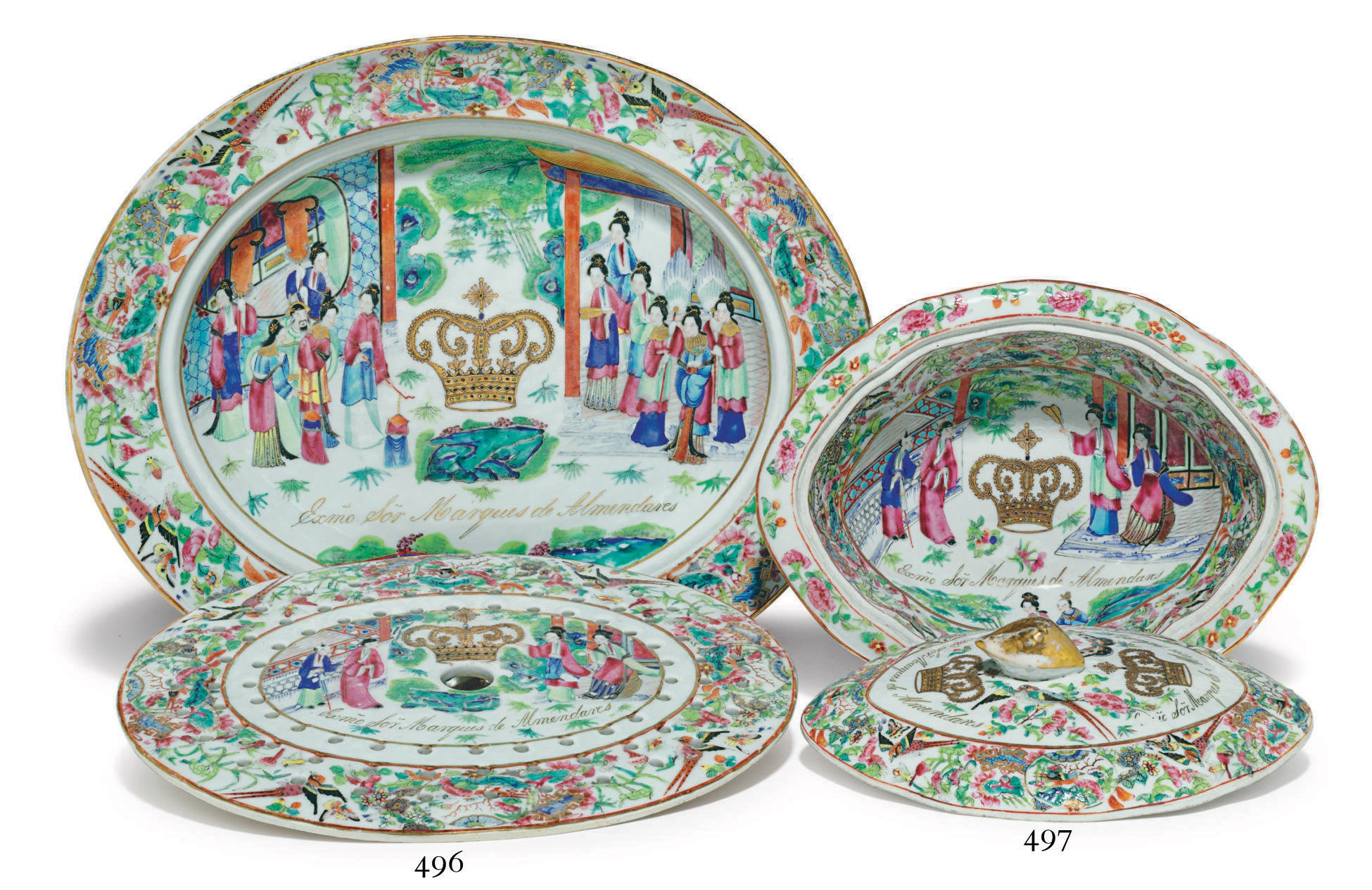 A "CANTON FAMILLE ROSE" ARMORIAL PLATTER AND STRAINER