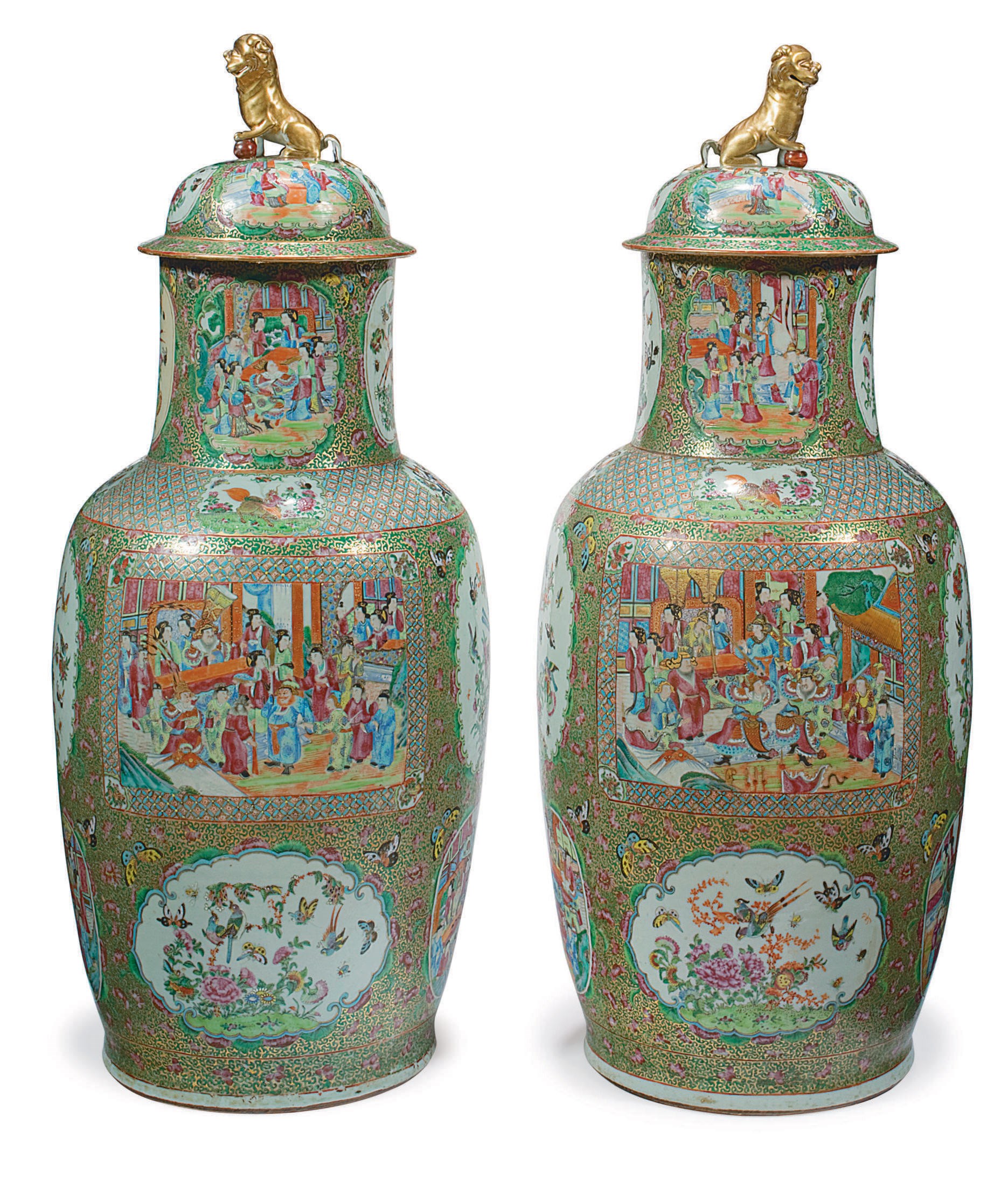 A VERY LARGE PAIR OF "CANTON FAMILLE ROSE" VASES AND COVERS