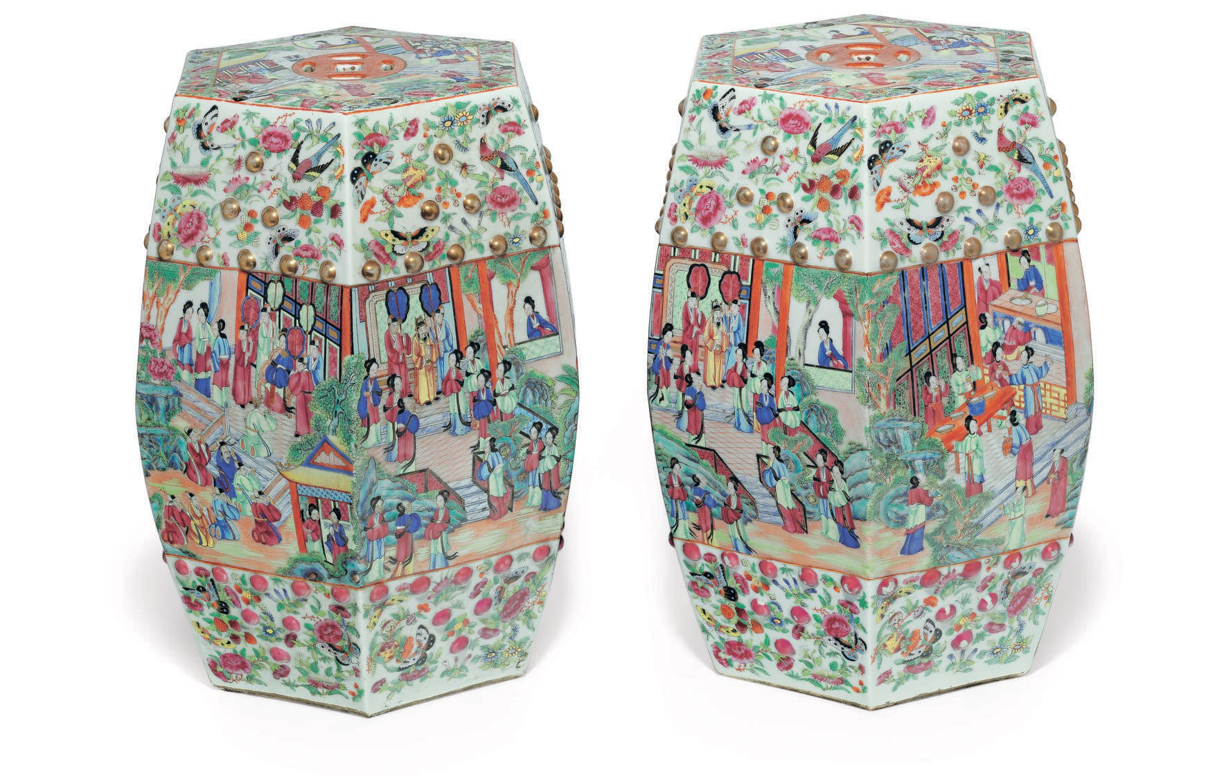 A PAIR OF "CANTON FAMILLE ROSE" GARDEN SEATS