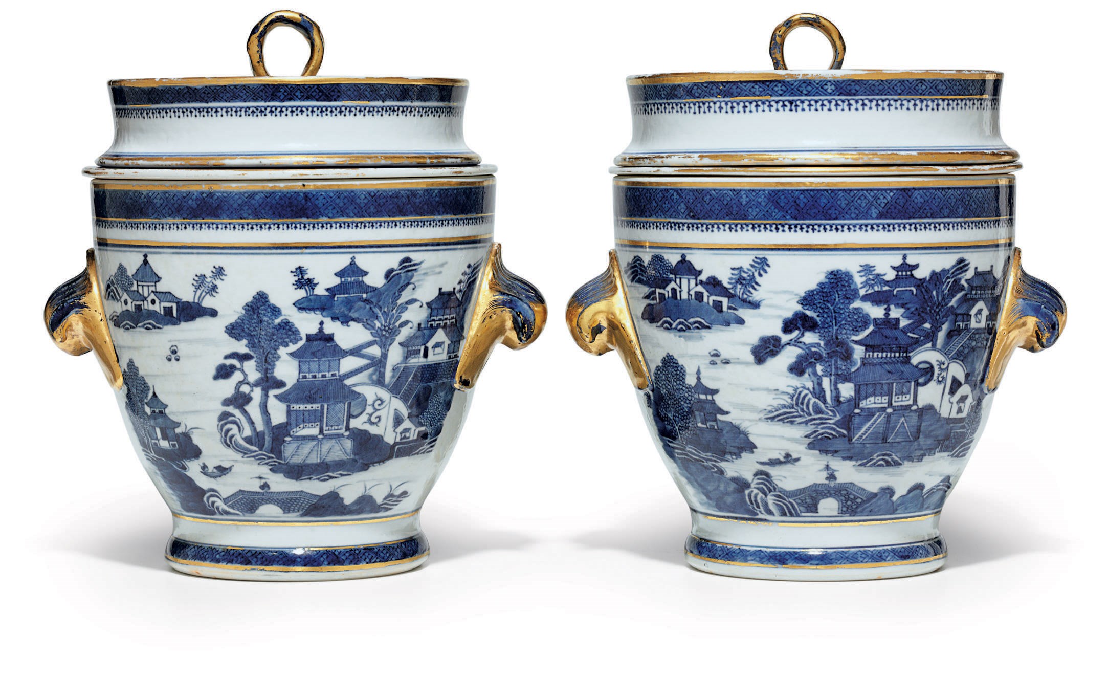 A PAIR OF BLUE AND WHITE FRUIT COOLERS, LINERS AND COVERS