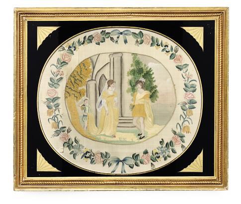 AN EGLOMISE FRAMED SILK NEEDLEWORK PICTURE,