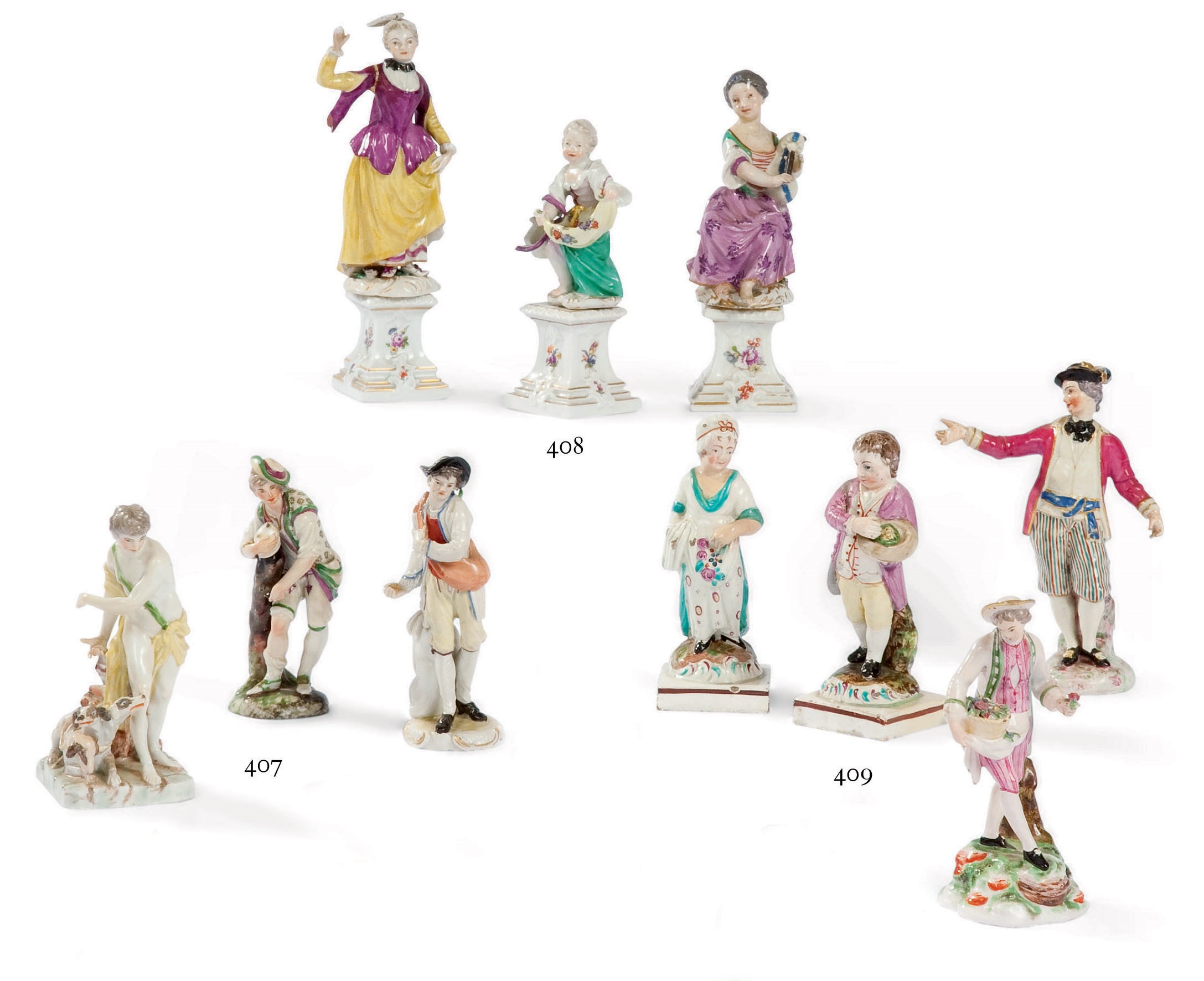TROIS STATUETTES ET TROIS PIEDESTAUX EN PORCELAINE DE MEISSEN DU XVIIIEME SIECLE