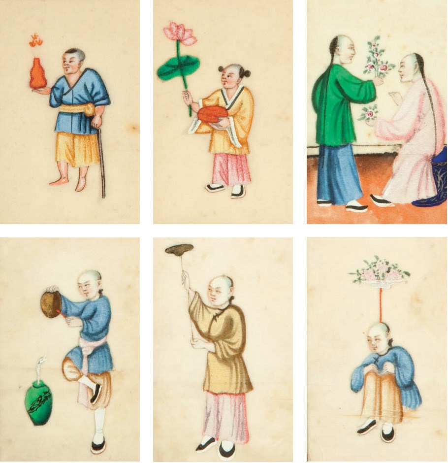 QUINZE PEINTURES ENCADREES, ENCRE ET COULEUR SUR PAPIER DE RIZ