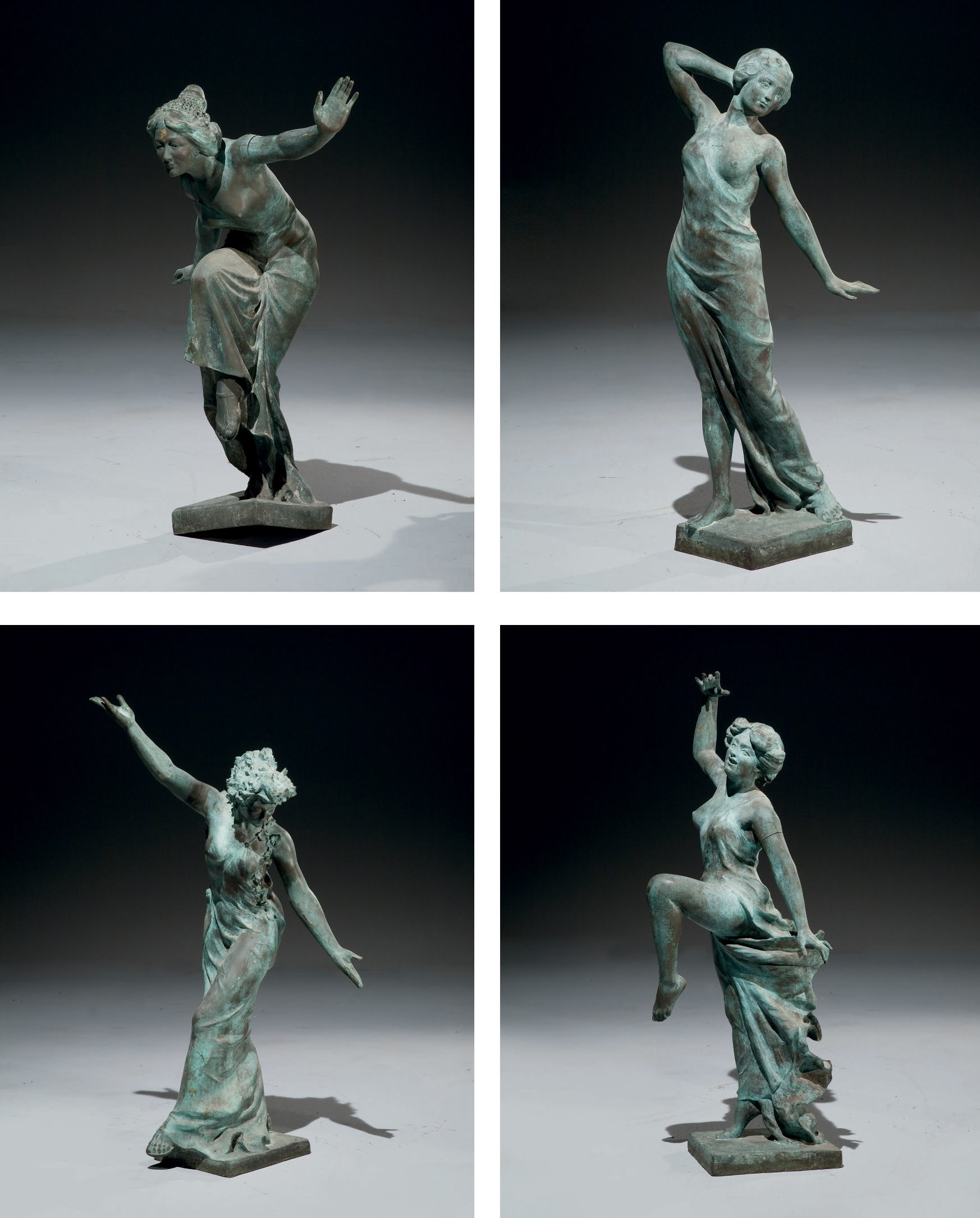 SUITE DE QUATRE FIGURES DE JARDIN EN BRONZE REPRESENTANT DES DANSEUSES