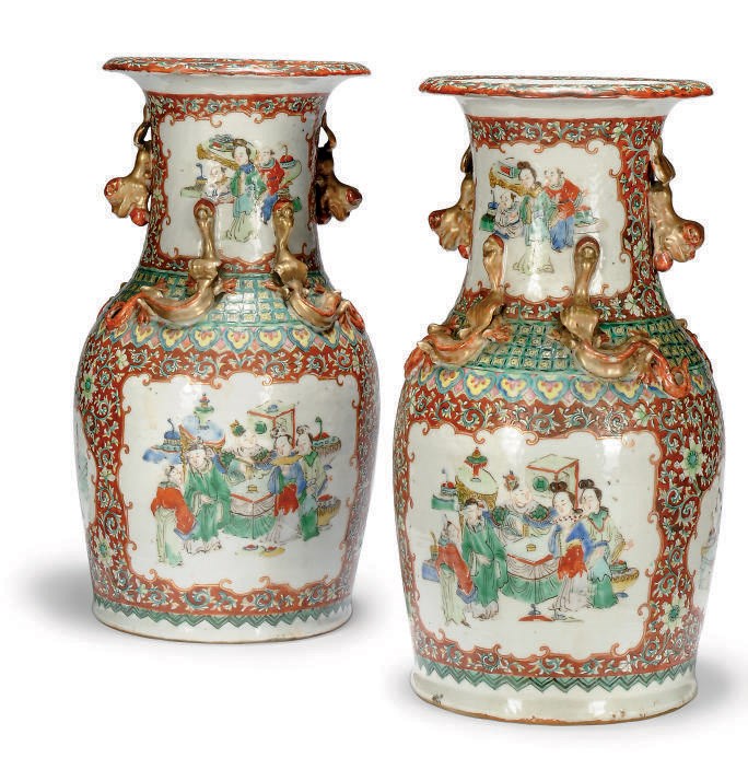 A PAIR OF CANTONESE BALUSTER VASES
