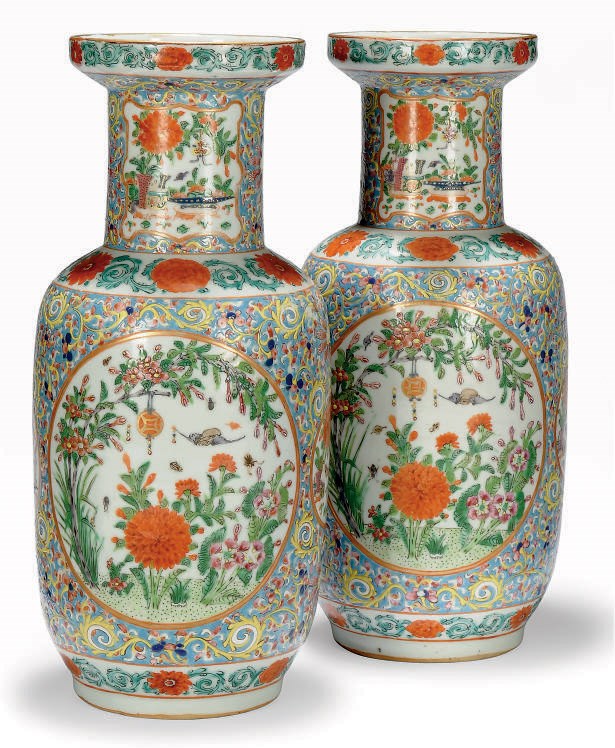 A PAIR OF CHINESE FAMILLE ROSE ROULEAU VASES