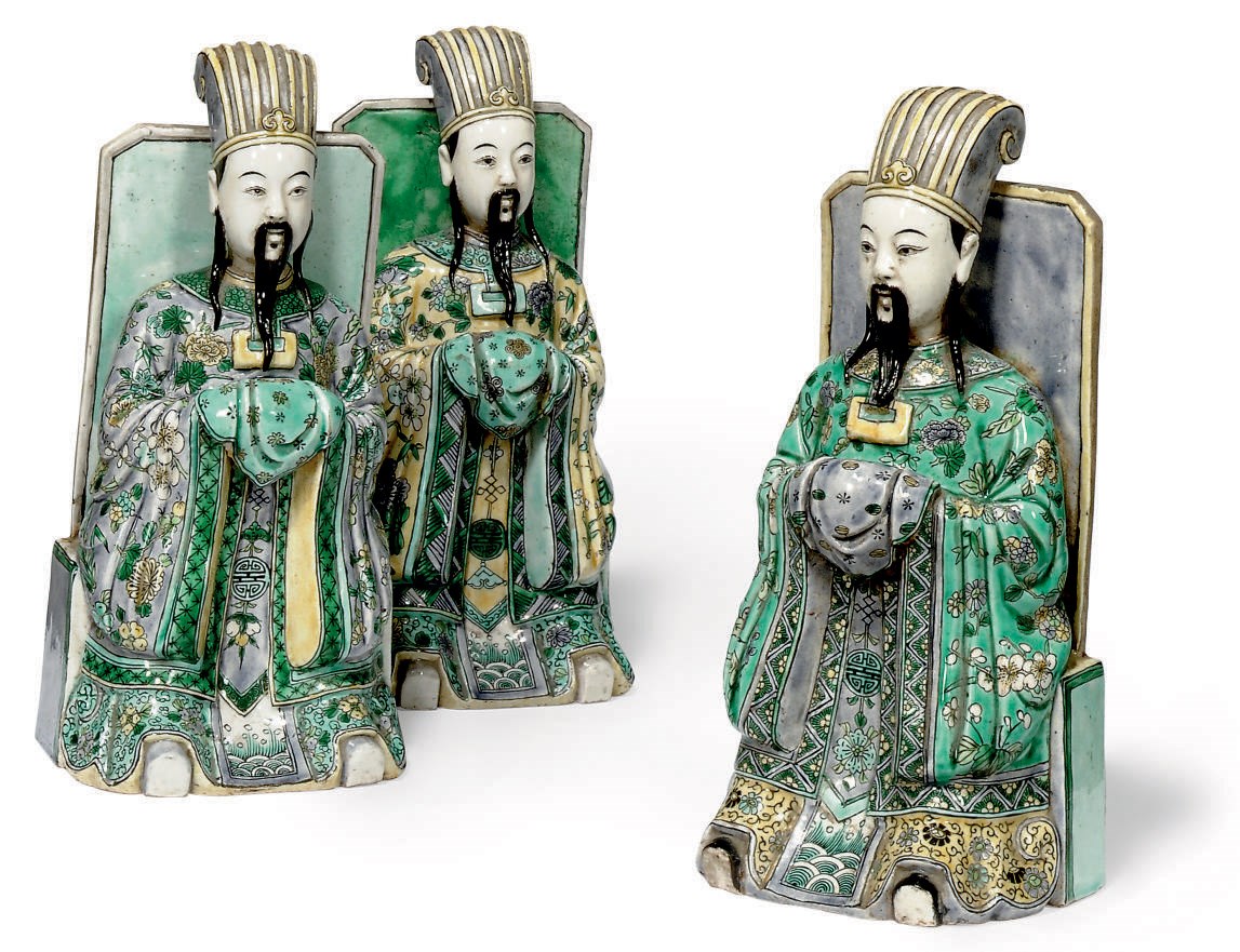 A GROUP OF THREE FAMILLE VERTE BISCUIT FIGURES OF IMMORTALS
