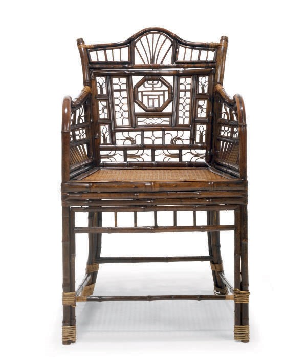 A CHINESE EXPORT BAMBOO OPEN ARMCHAIR OF CHINOISERIE STYLE