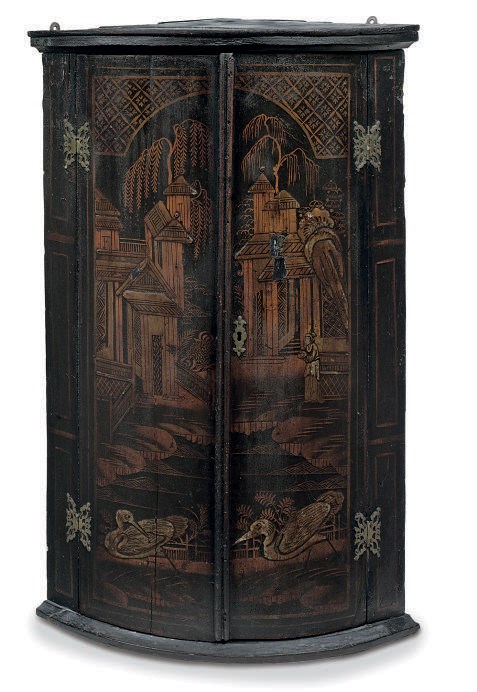 A JAPANNED BOWFRONT MURAL CORNER CUPBOARD