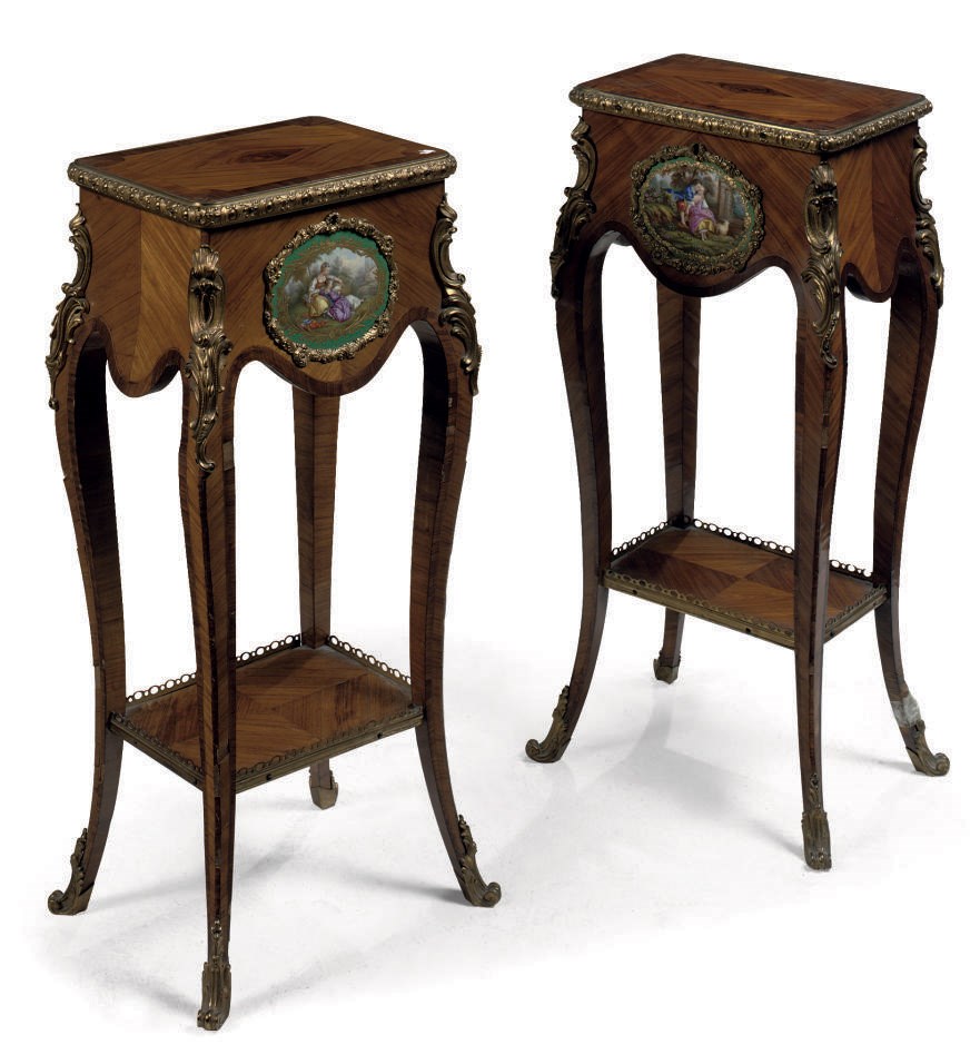 A PAIR OF FRENCH GILT-METAL AND PORCELAIN MOUNTED TULIPWOOD AND KINGWOOD INLAID AND CROSSBANDED CABINETS