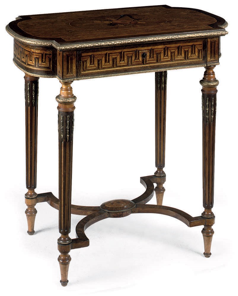 A FRENCH GILT-METAL MOUNTED WALNUT MARQUETRY AND ROSEWOOD 'POUDREUSE' OR DRESSING TABLE