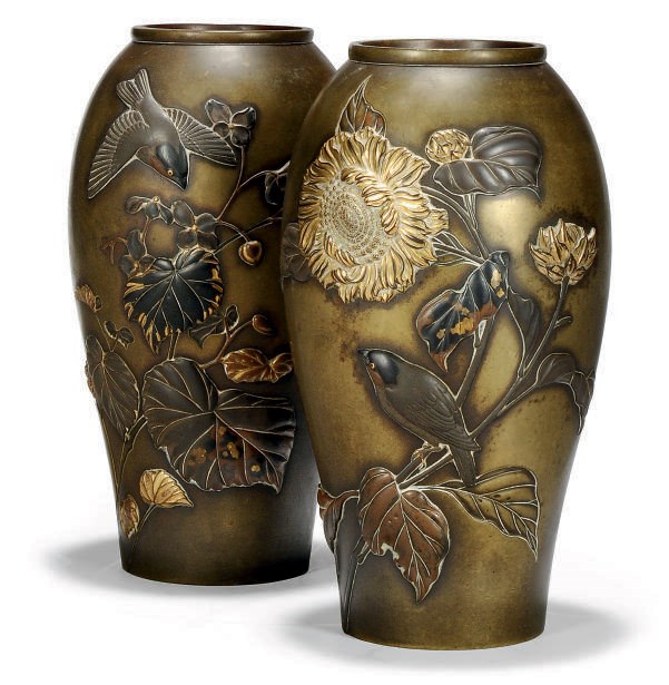 A PAIR OF JAPANESE BRONZE VASES