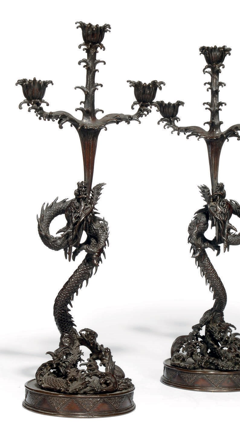 A PAIR OF JAPANESE DRAGON CANDELABRA