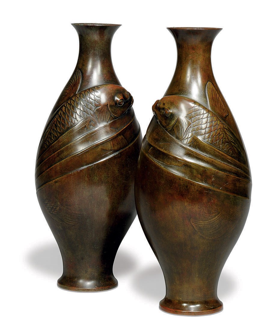 A PAIR OF JAPANESE BRONZE FISH VASES