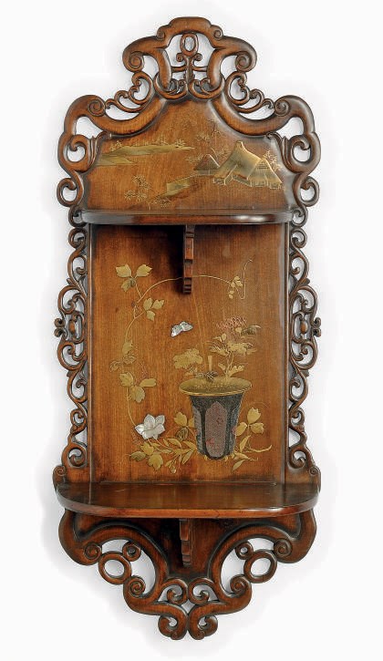 A JAPANESE LACQUERED WALL PANEL WITH SHELVES