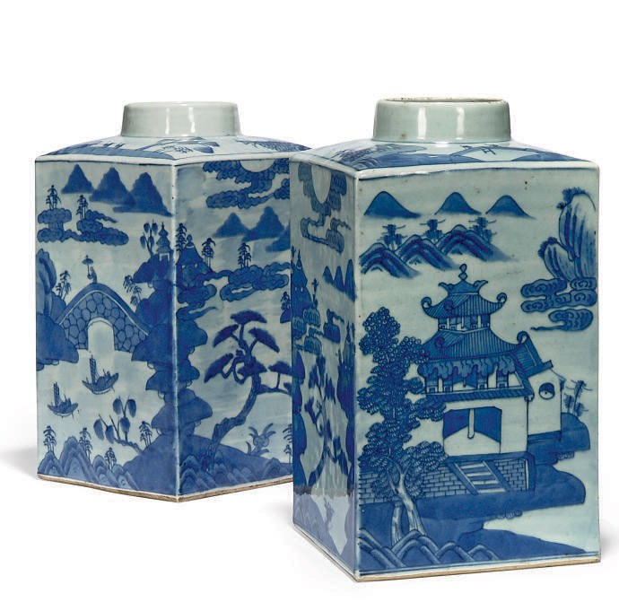 A PAIR OF CHINESE BLUE AND WHITE SQUARE SECTIONED TEA JARS